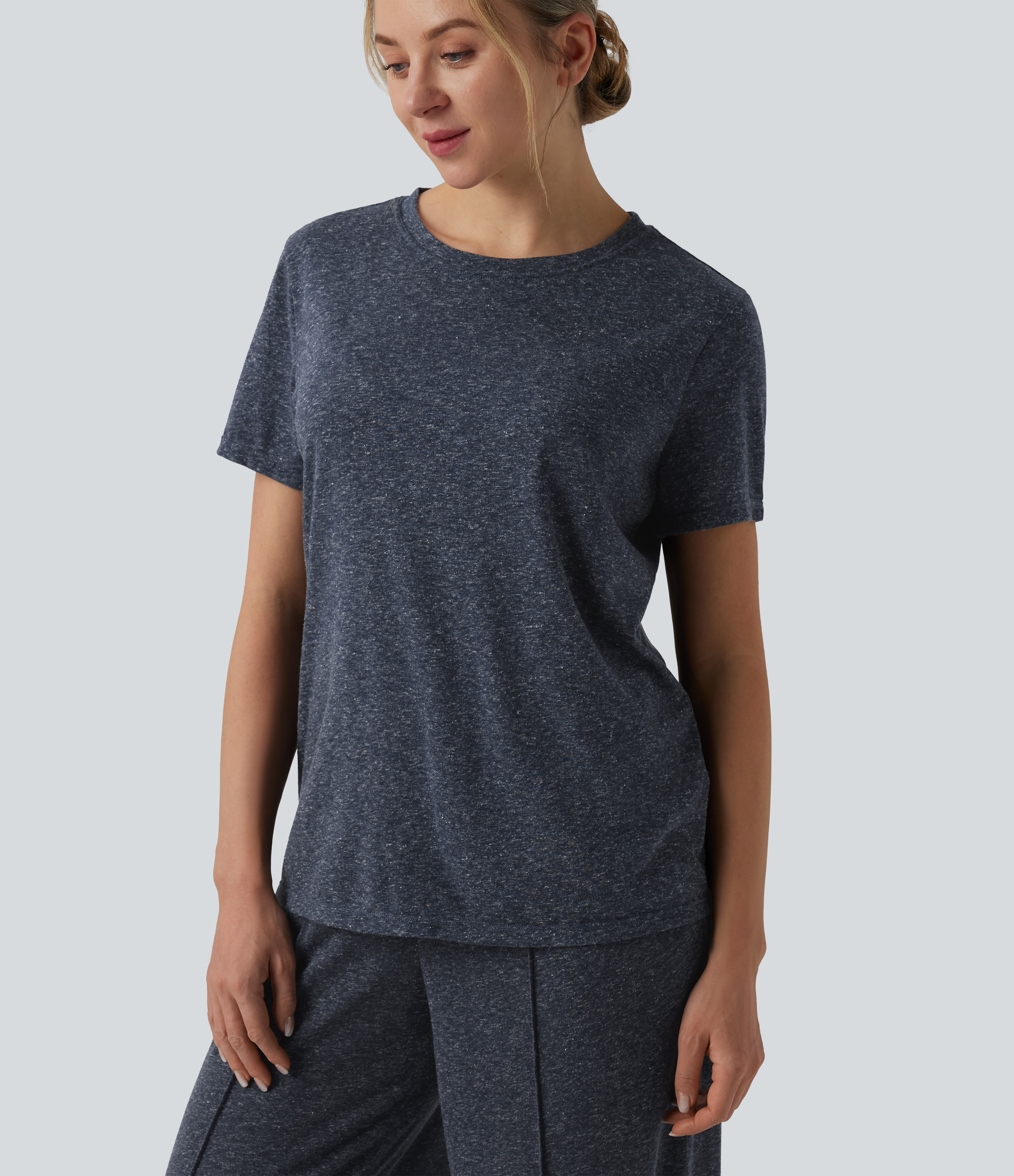 Round Neck Short Sleeve Loose Casual Linen-Blend T-Shirt
