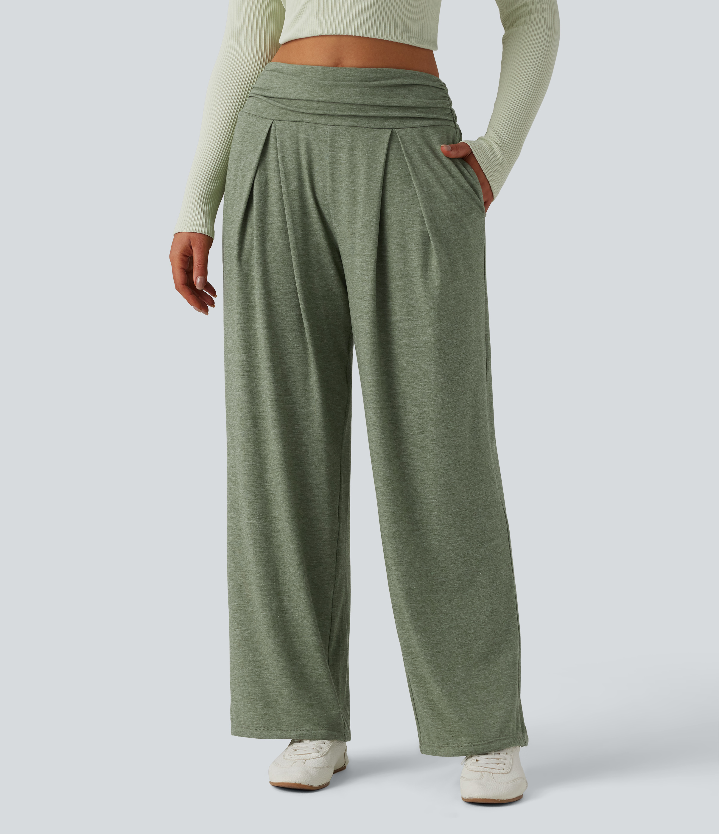 Agave Green High Waisted Ruched Heathered Yoga Pants with Pockets / 2