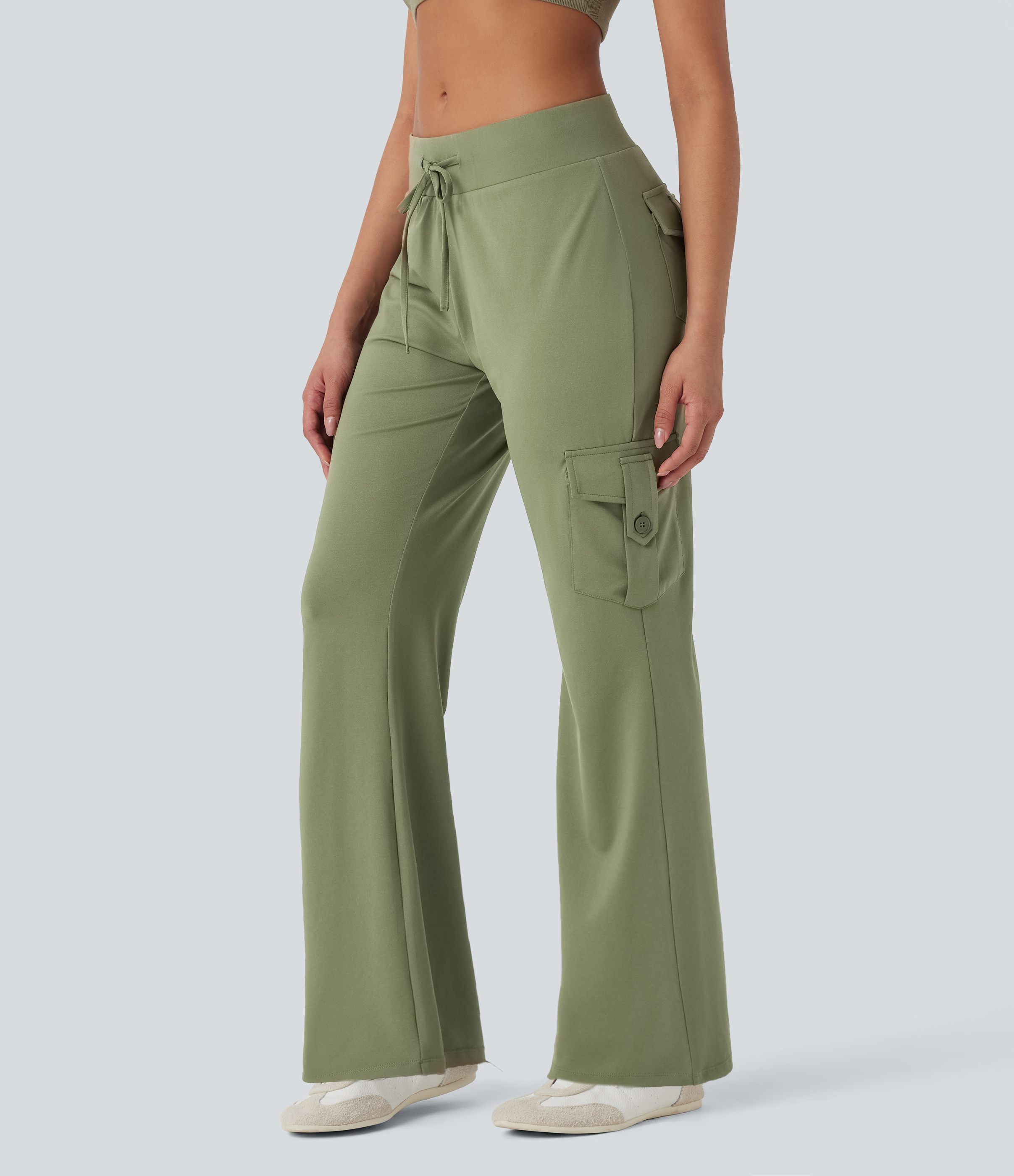 Low Rise Drawstring Casual Bootcut Cargo Pants with Pockets