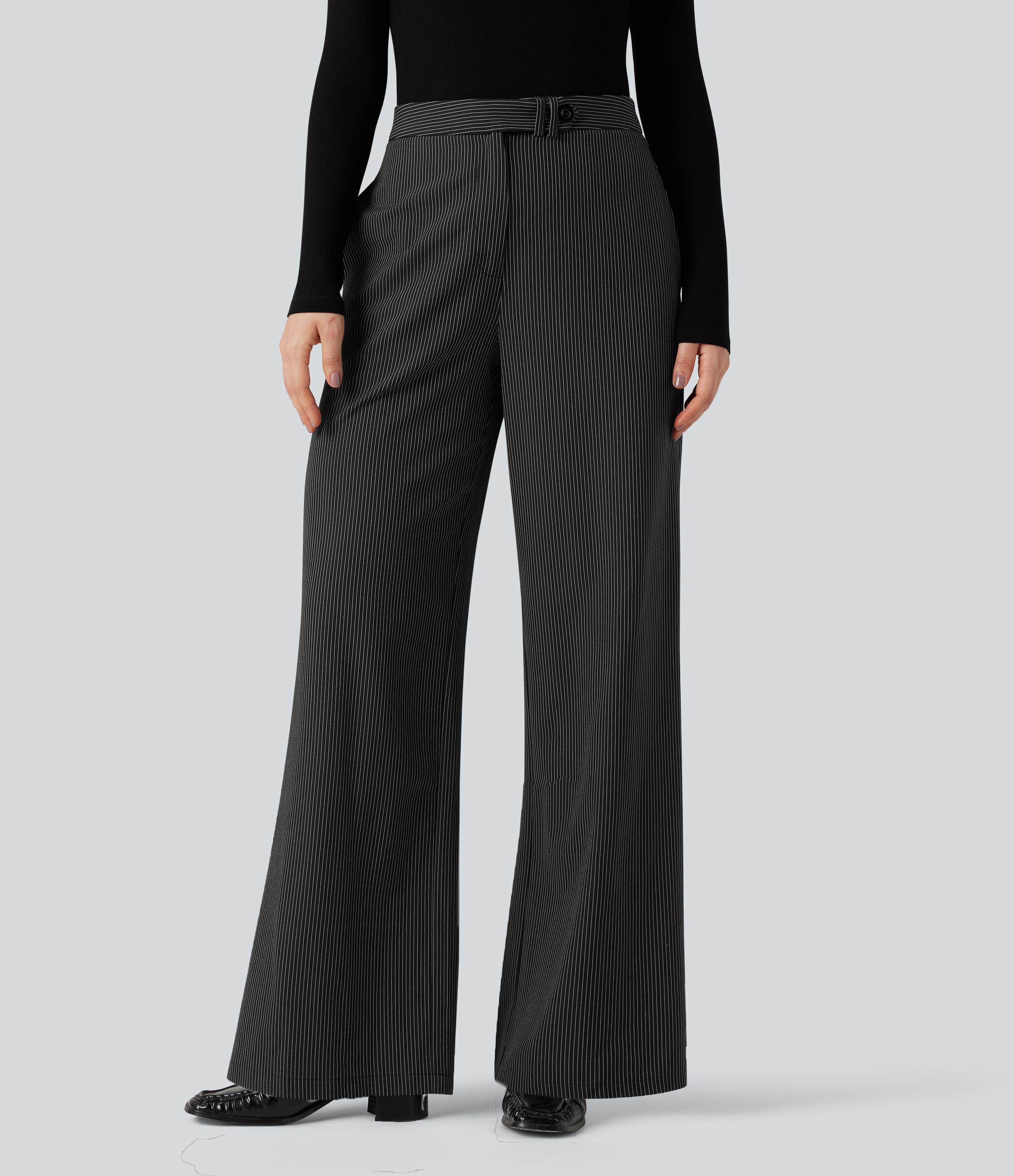 High Waisted Straight Leg Stripe Work Pants with Pockets