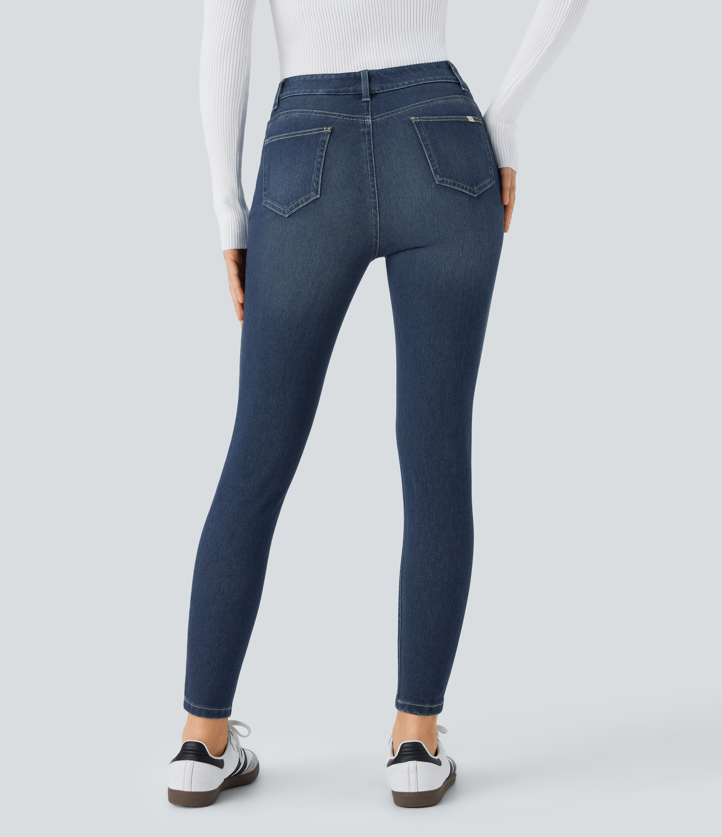 Distressed Denim Dark Blue Halara Flex™ Mid Rise Pull On Pockets Casual Skinny Jeans / 2