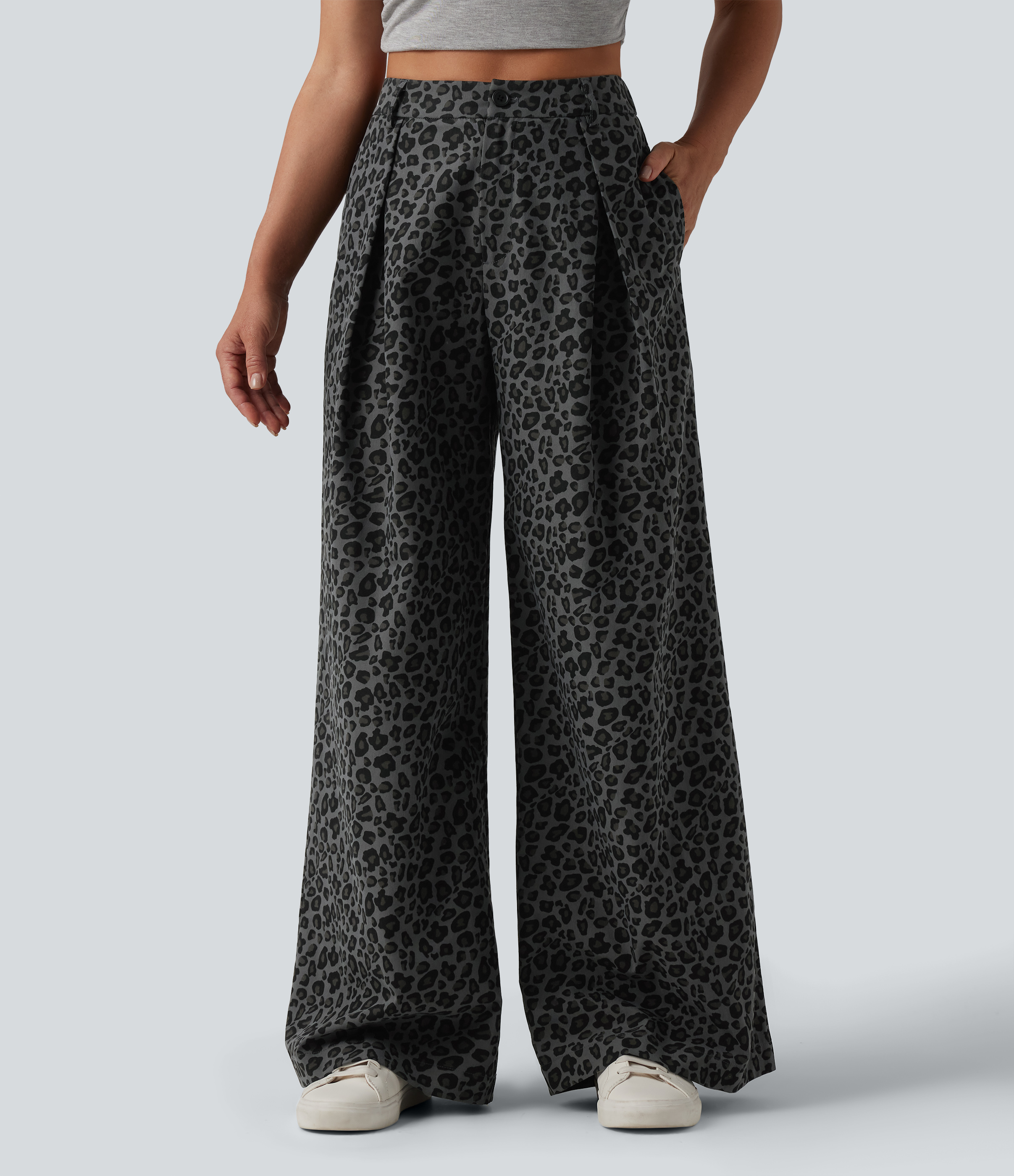 Mid Rise Wide Leg Leopard Print Casual Trousers with Pockets