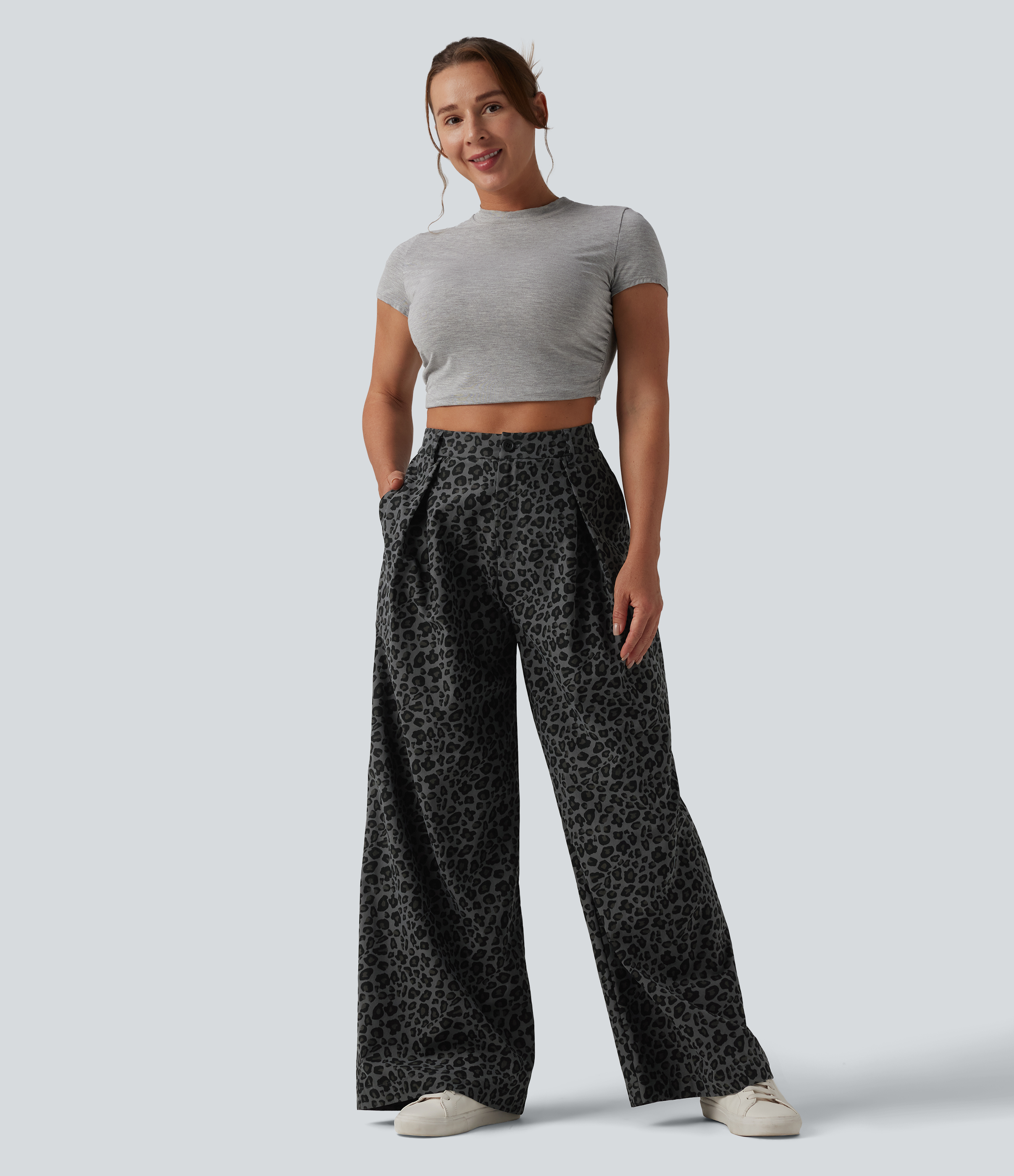 Granite Panther Mid Rise Wide Leg Leopard Print Casual Trousers with Pockets / 2