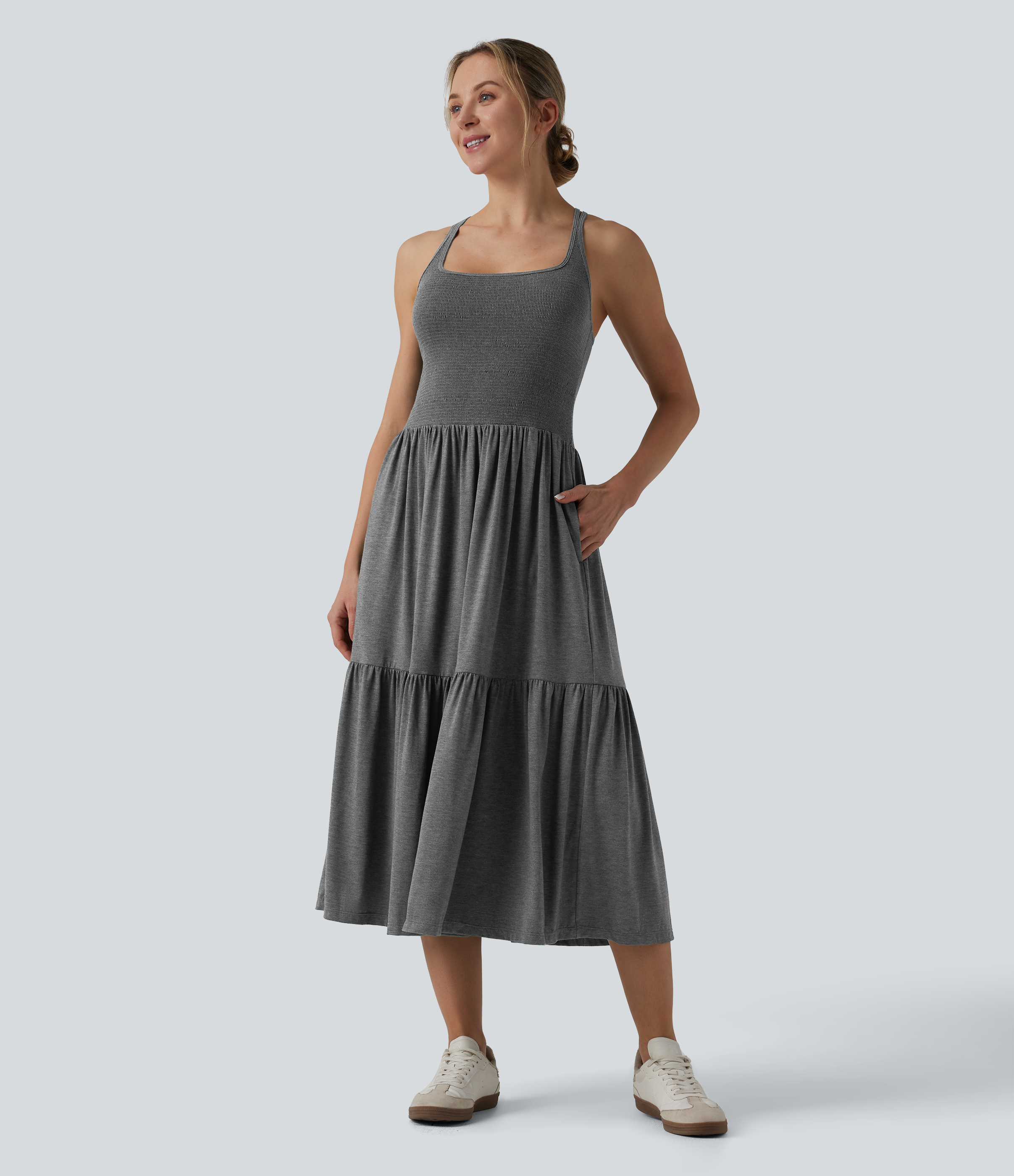 U Neck Shirred Racerback Midi Casual Dress with Pockets