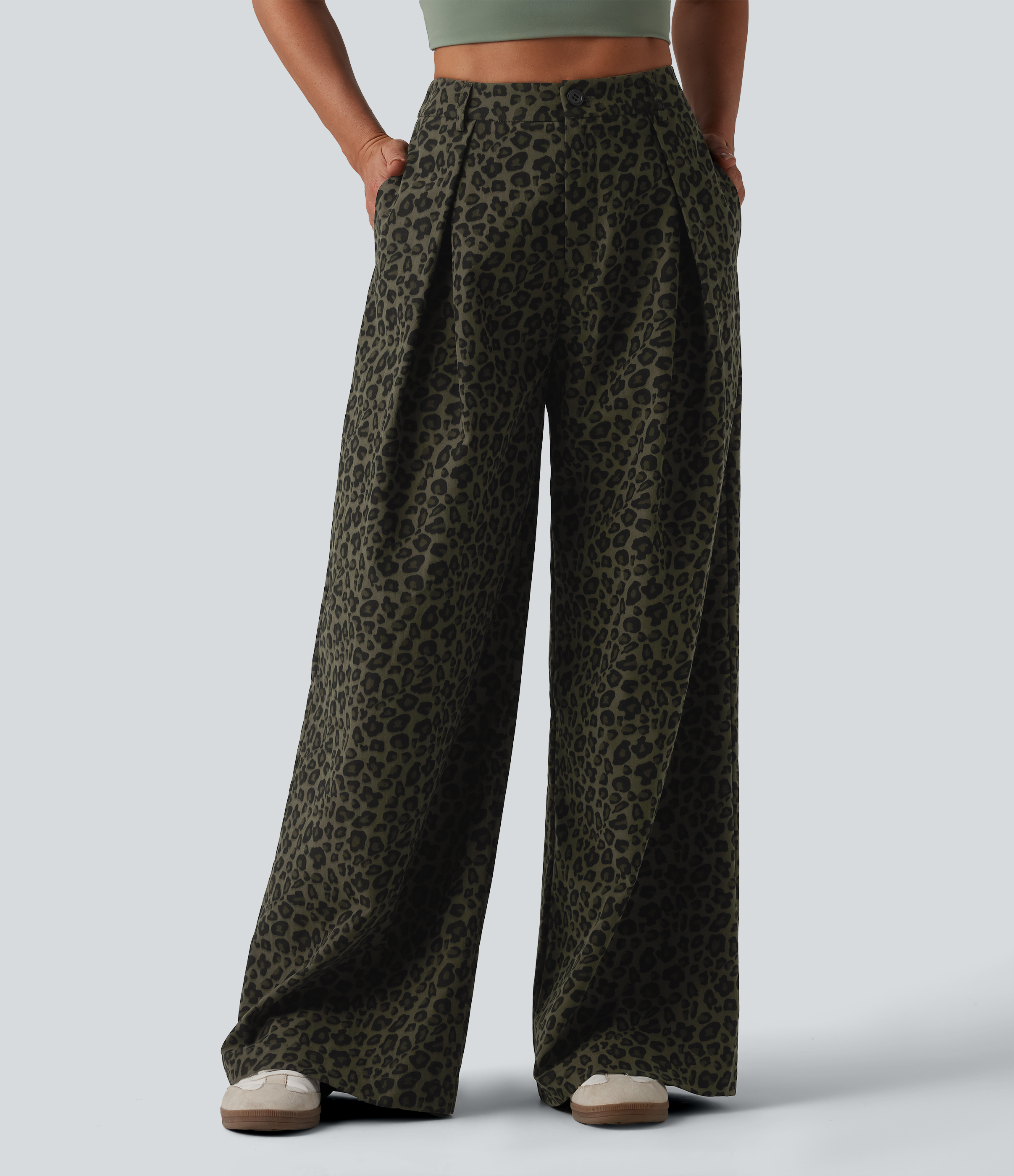 Mid Rise Wide Leg Leopard Print Casual Pants with Pockets