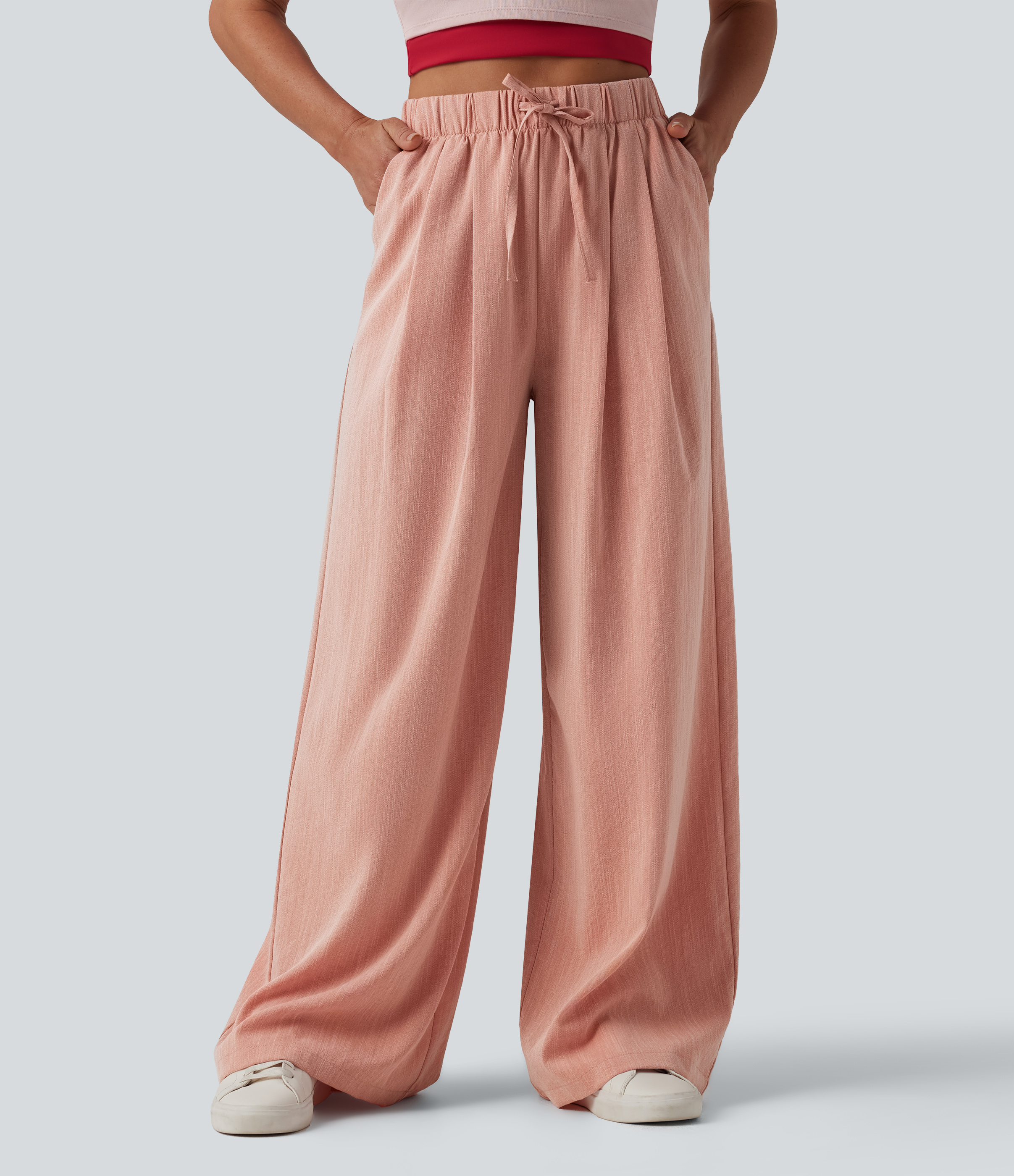 Pantalon large fluide décontracté taille haute avec cordon de serrage, effet lin et poches
