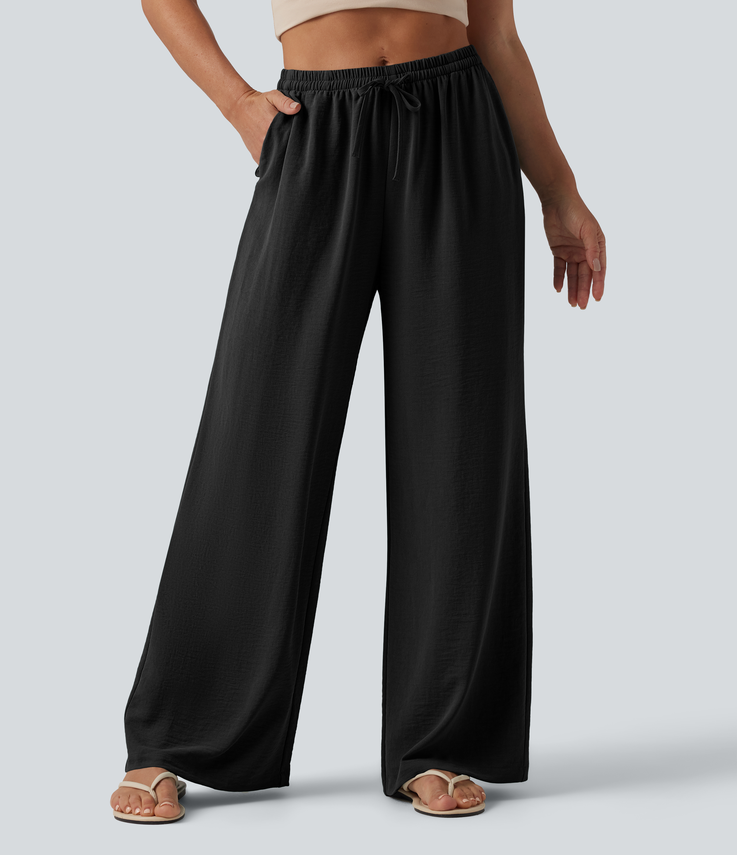 Mid Rise Drawstring Wide Leg Baggy Casual Linen-Feel Pants with Pockets
