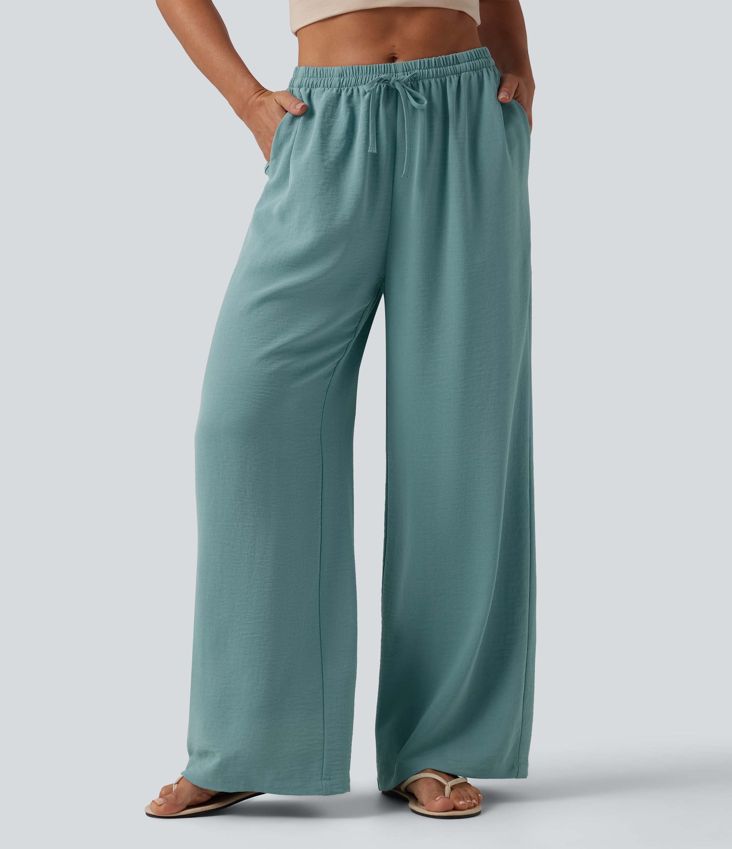 Mid Rise Drawstring Wide Leg Casual Linen-Feel Pants with Pockets