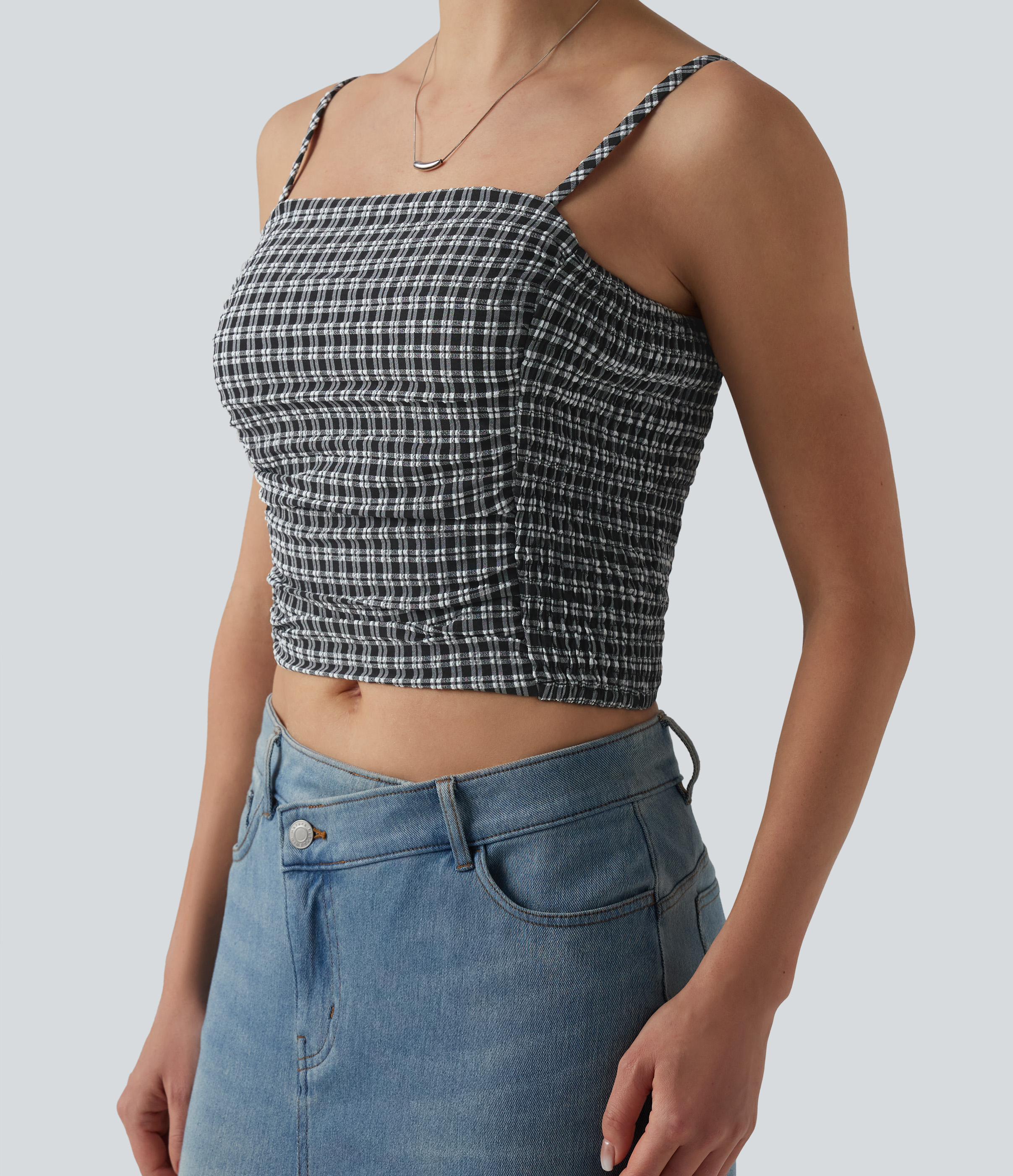 Gingham Ruched Cropped Workout Tank Top