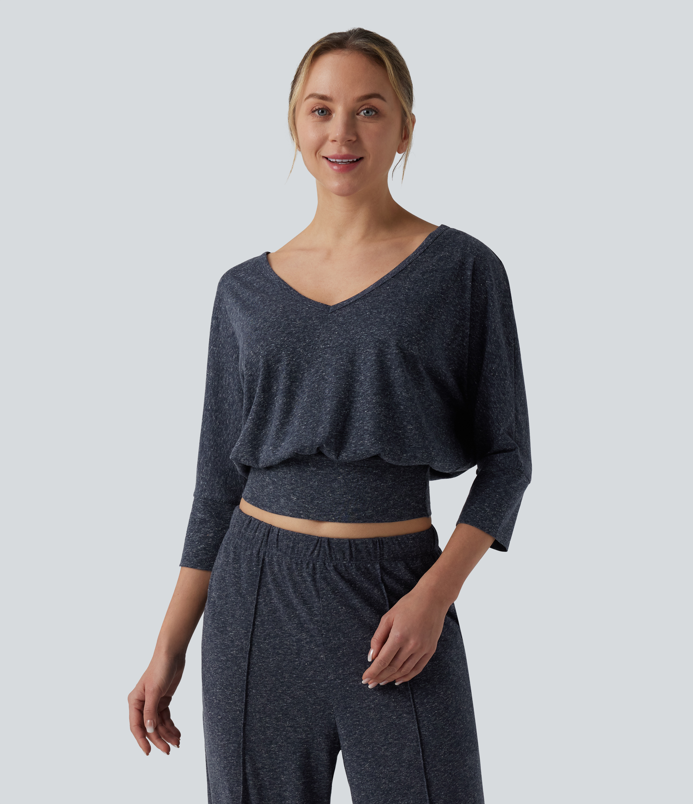 V Neck 3/4 Sleeve Casual Linen-Blend Top