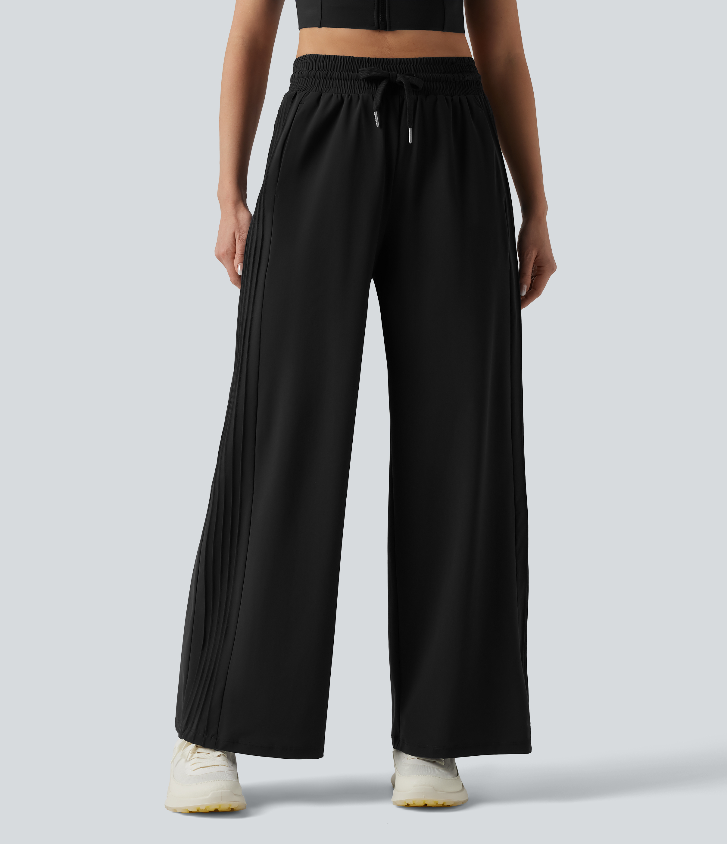 High Waisted Drawstring Wide Leg Quick Dry Running Pants with Pockets