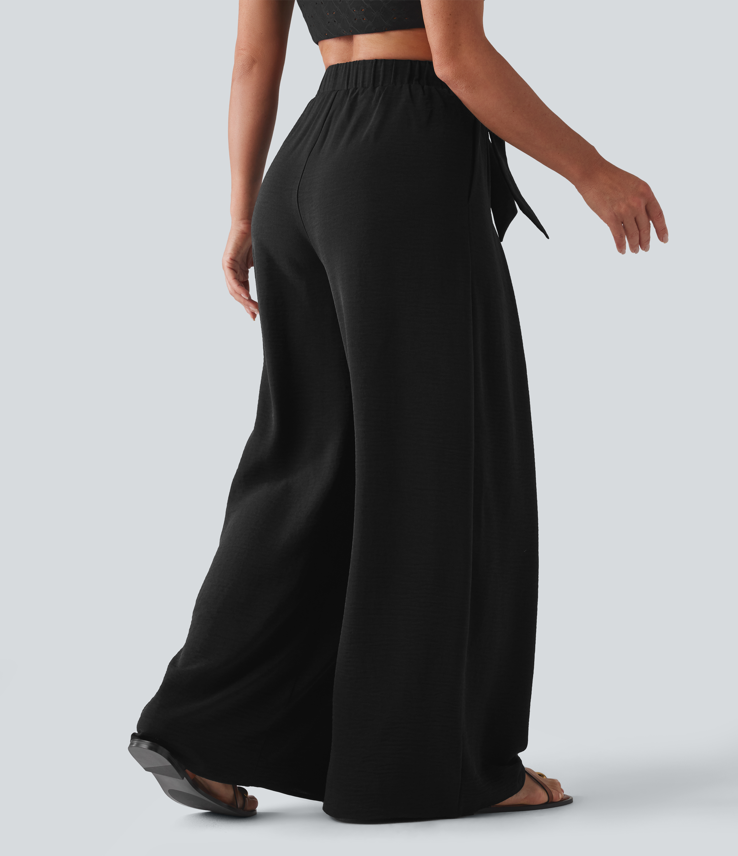 Noir Pantalon large resort taille haute aspect lin avec nœud frontal et poches / 2
