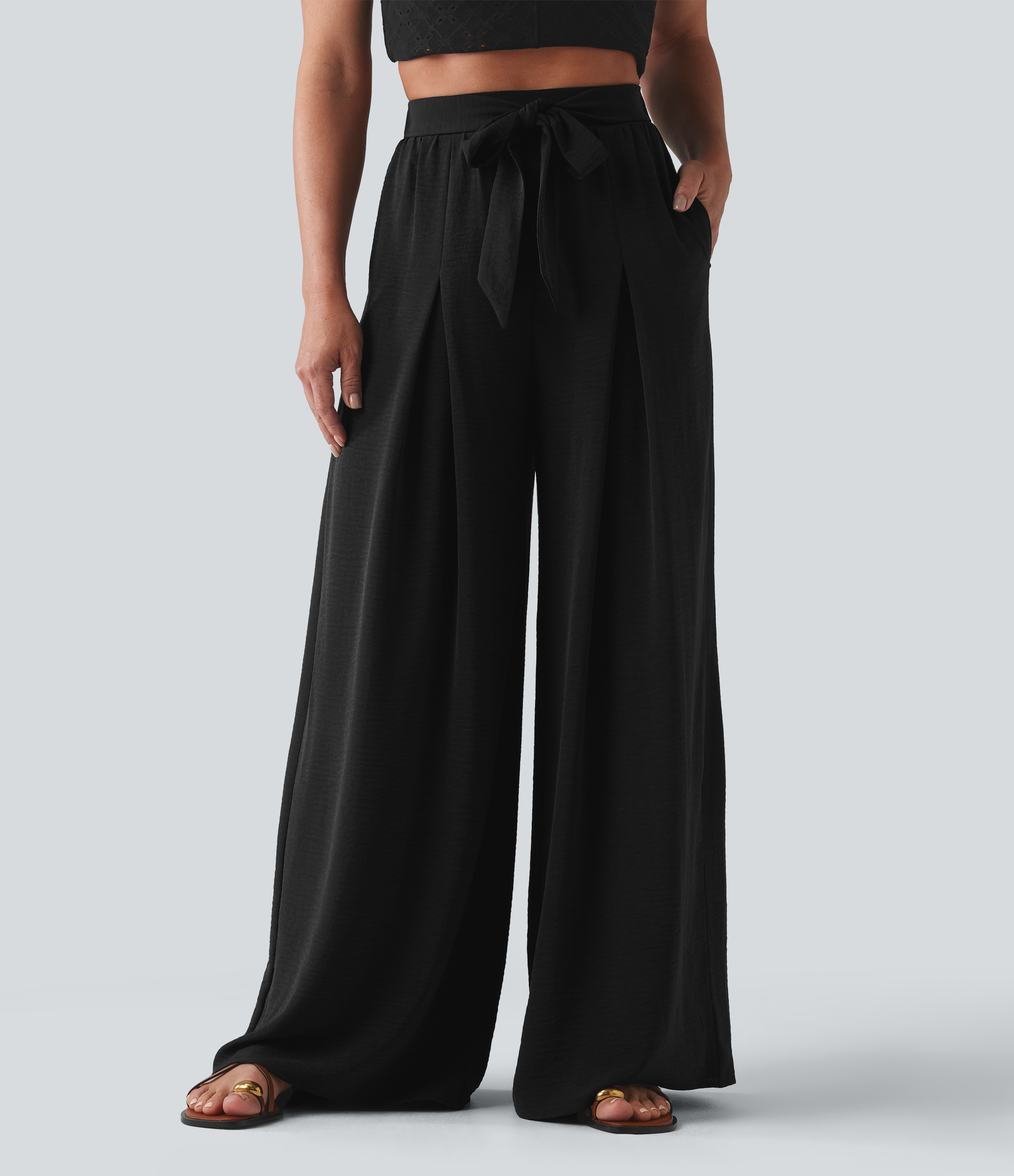High Waisted Tie-front Linen-Feel Resort Baggy Pants with Pockets