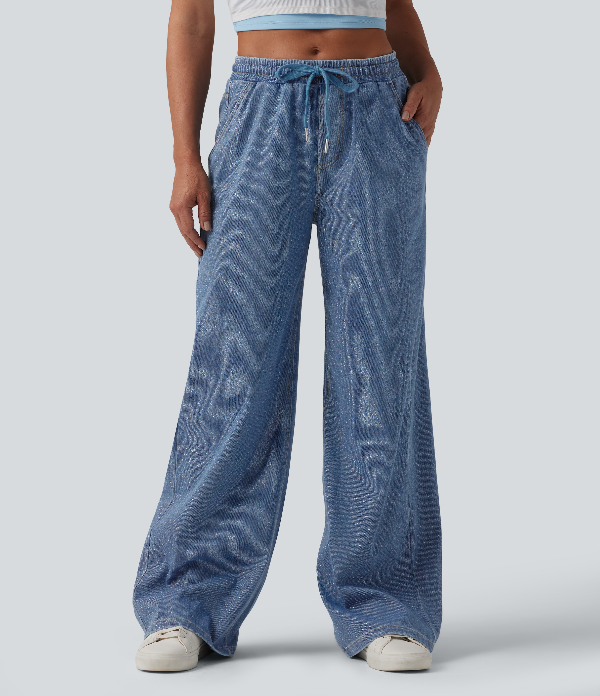 Halara Flex™ Low Rise Drawstring Wide Leg Silver Shine Casual Sweatpants Jeans with Pockets — Malibu Blue Denim by Halara