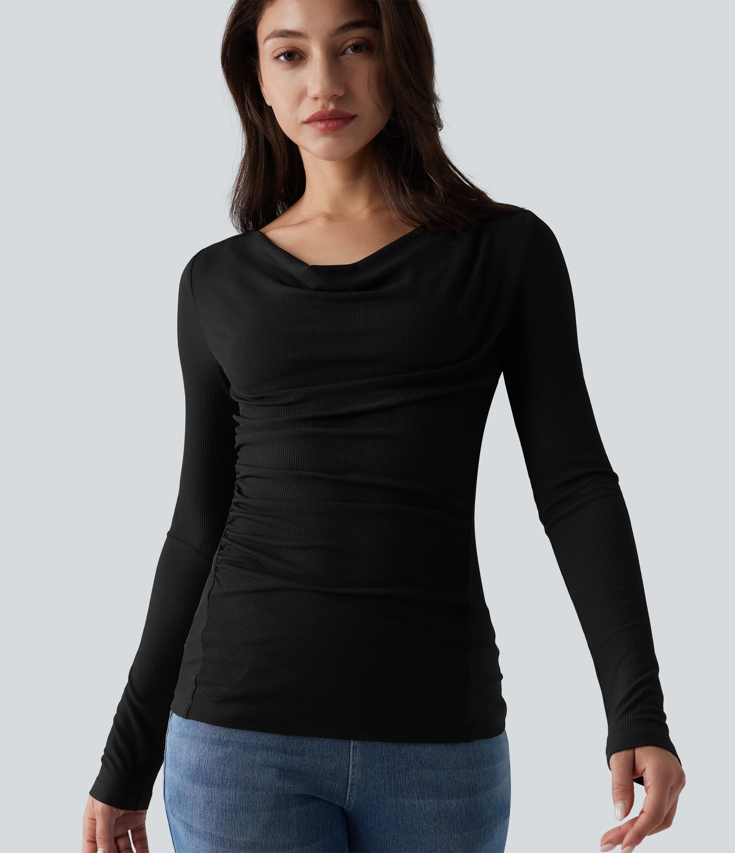 Ribbed Knit Cowl Neck Long Sleeve Ruched Casual Top