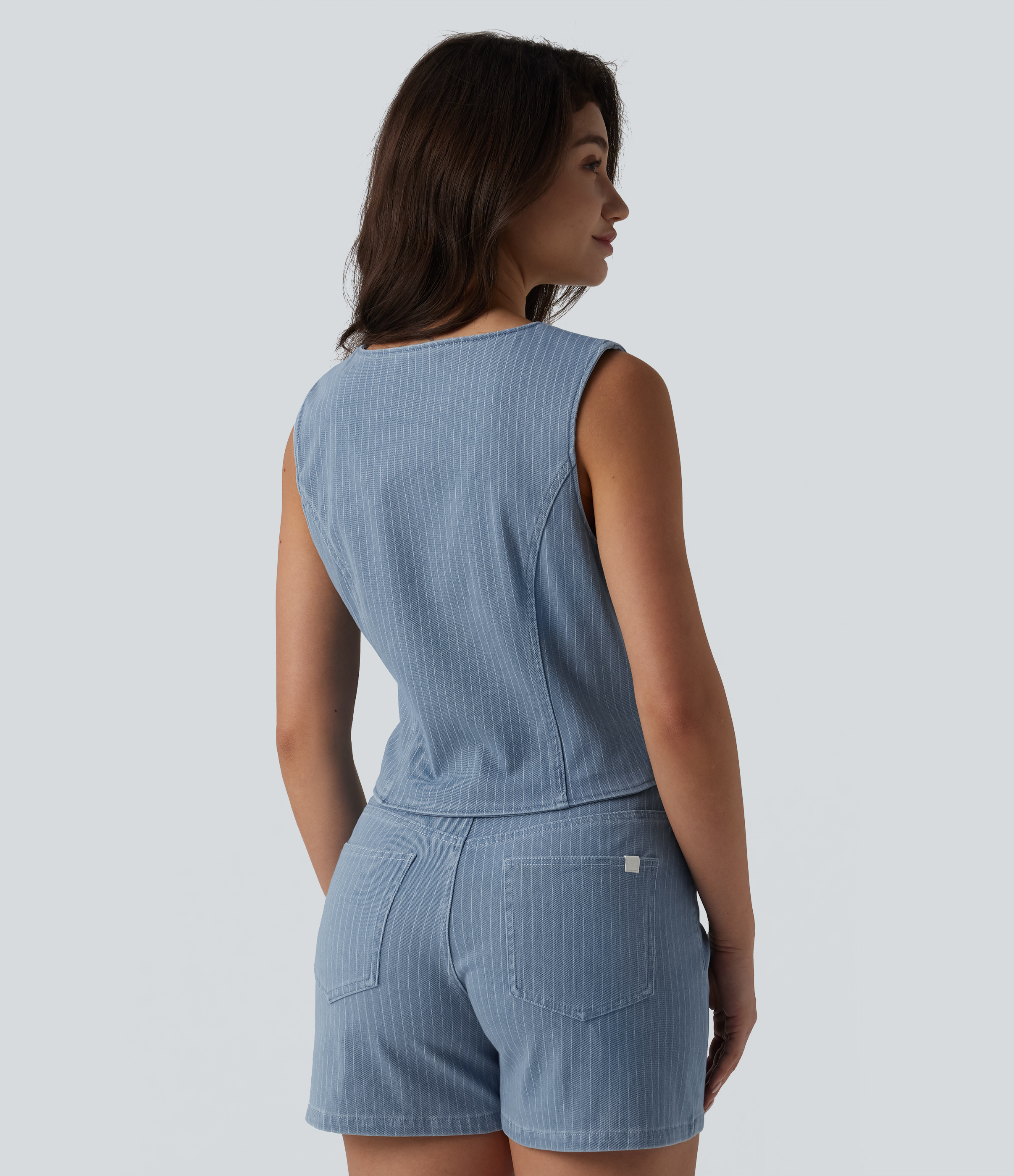 Malibu Blue Denim Halara Flex™ Deep V-neck Button Fly Stripes Denim Casual Vest / 2