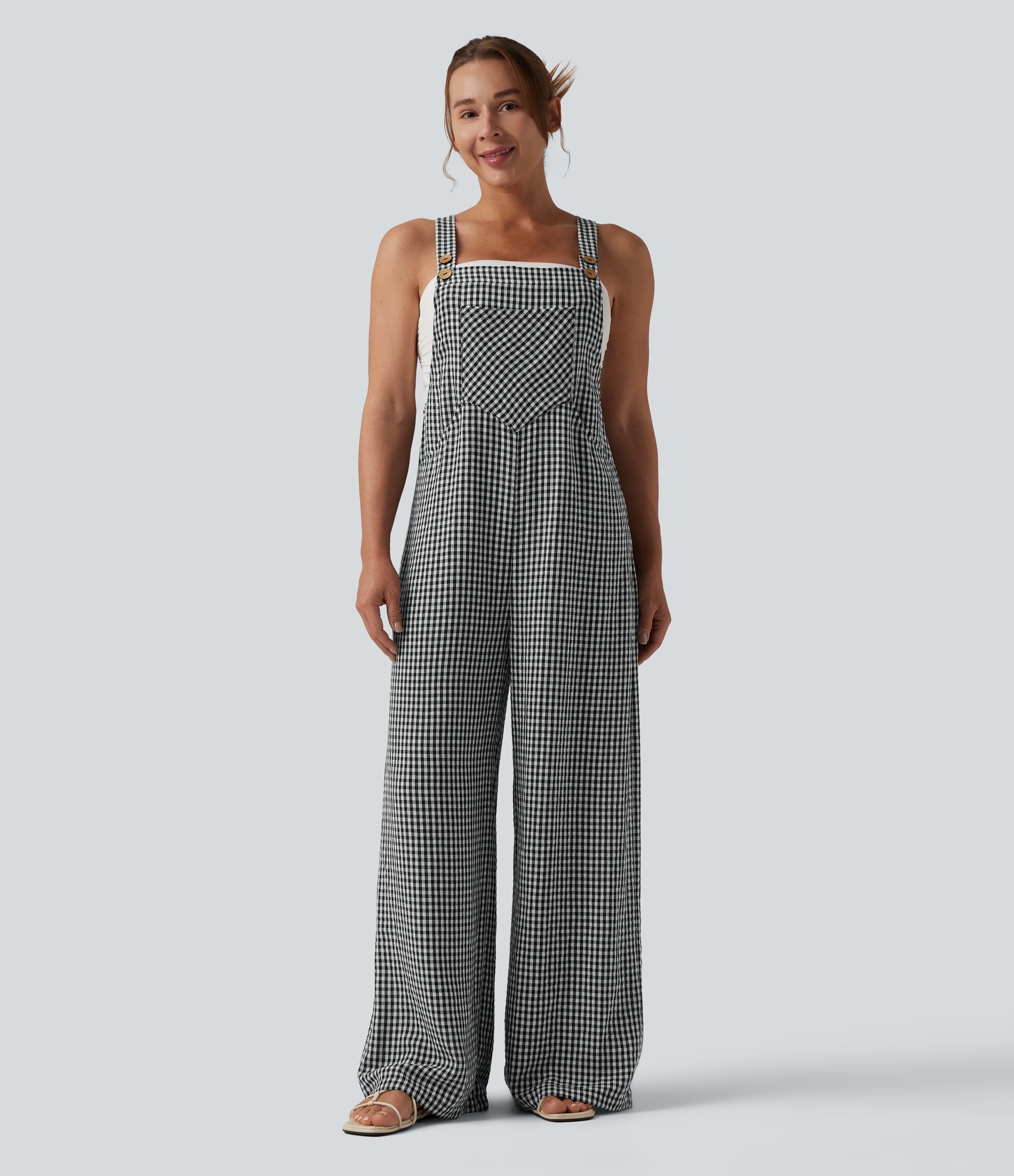 Plaid Casual Linen-Feel Overalls with Pockets