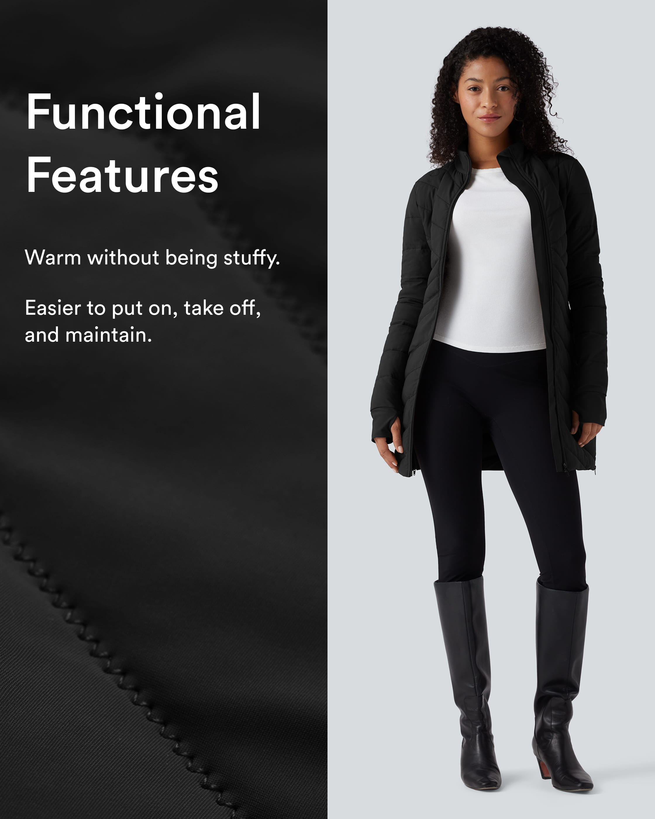 Black High Collar Long Sleeve Thumb Holes Zip Hem Detail Stretch Fabric Slim Casual Quilted Jacket with Pockets / 2