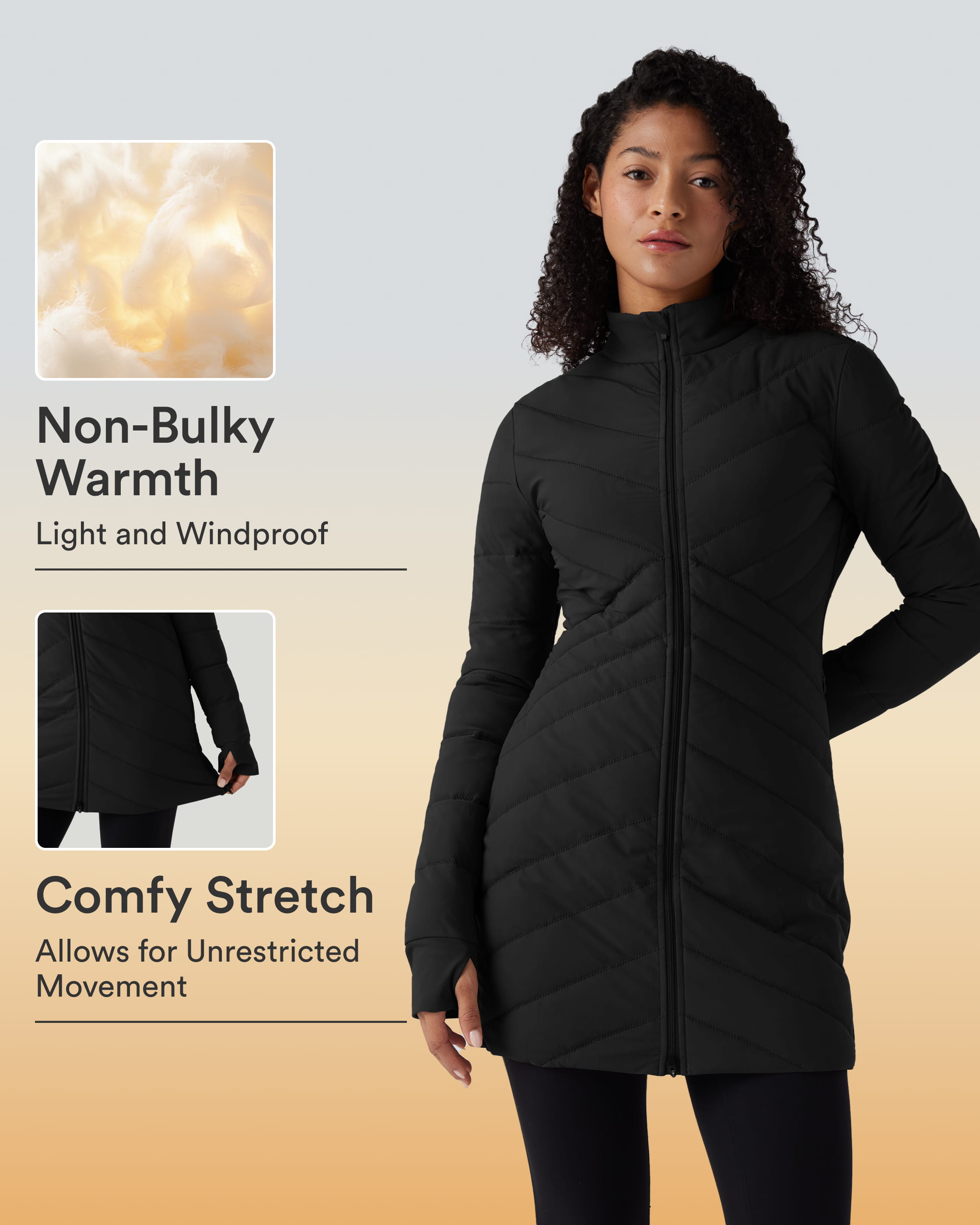 PuffFlex Stand Collar Long Sleeve Thumb Holes Zip Hem Stretchy Slim Casual Padded Jacket with Pockets