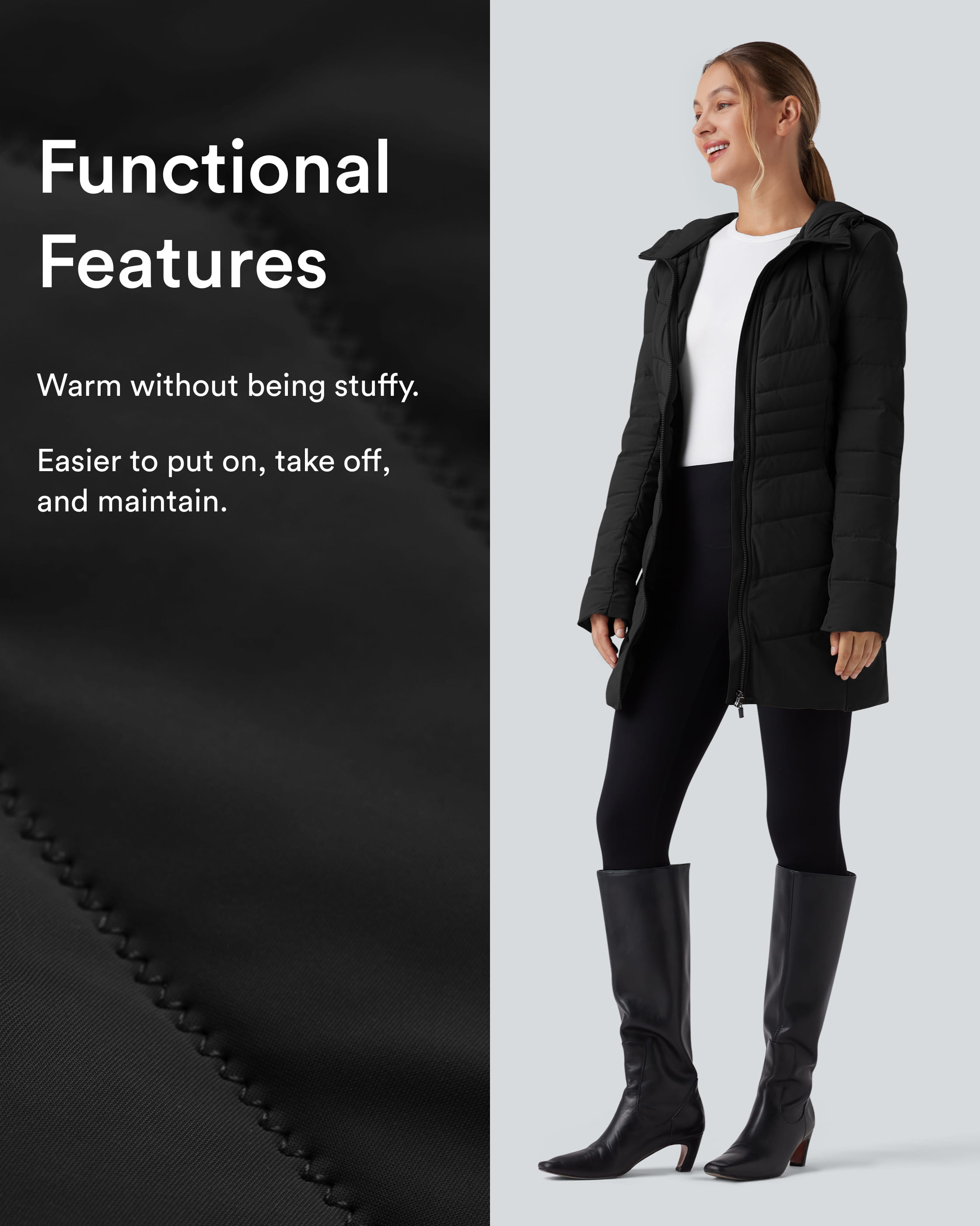 Black PuffFlex Hooded Longline Stretchy Casual Padded Jacket with Pockets / 2