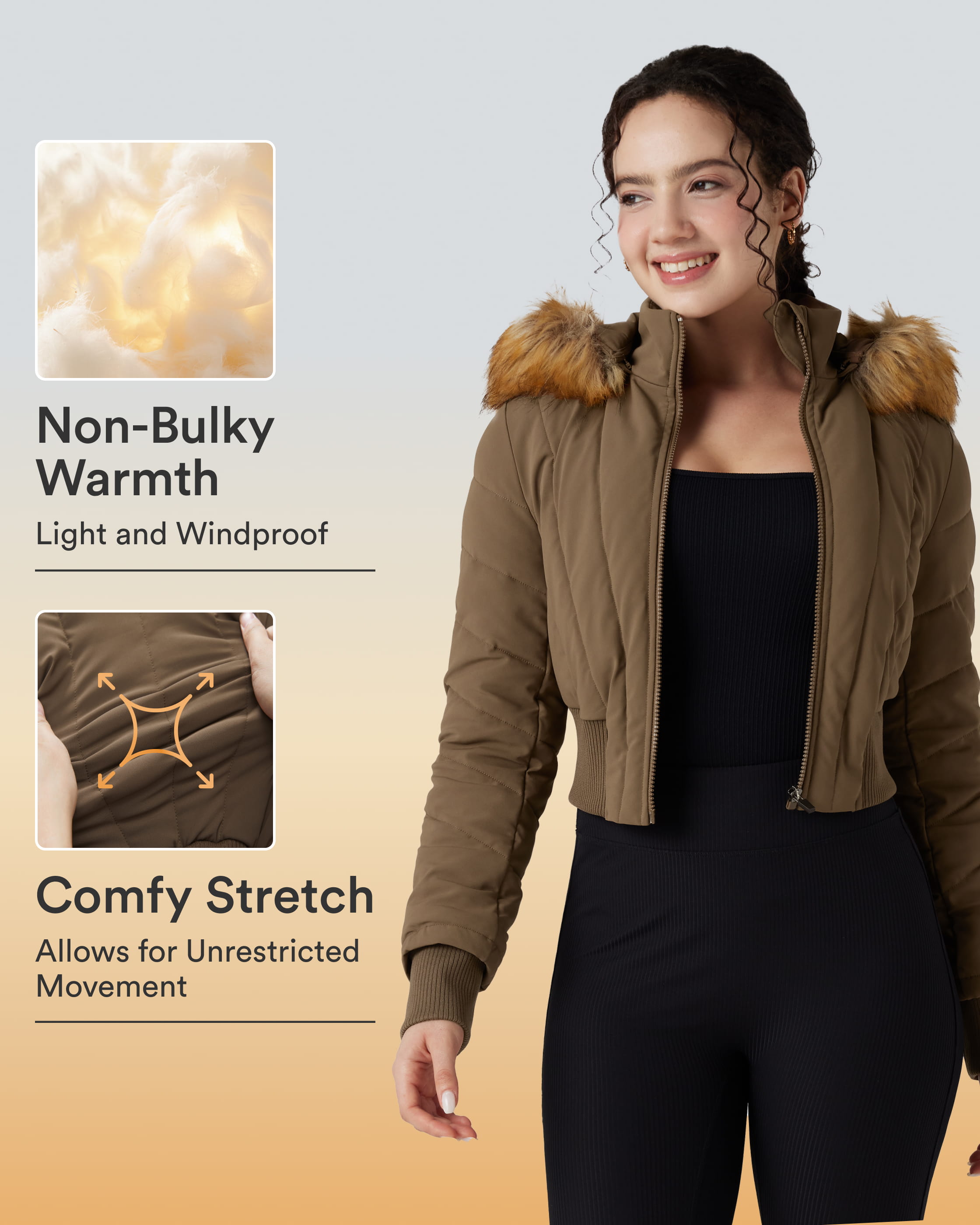 PuffFlex Removable Faux Fur Trim Hooded Long Sleeve Casual Padded Jacket