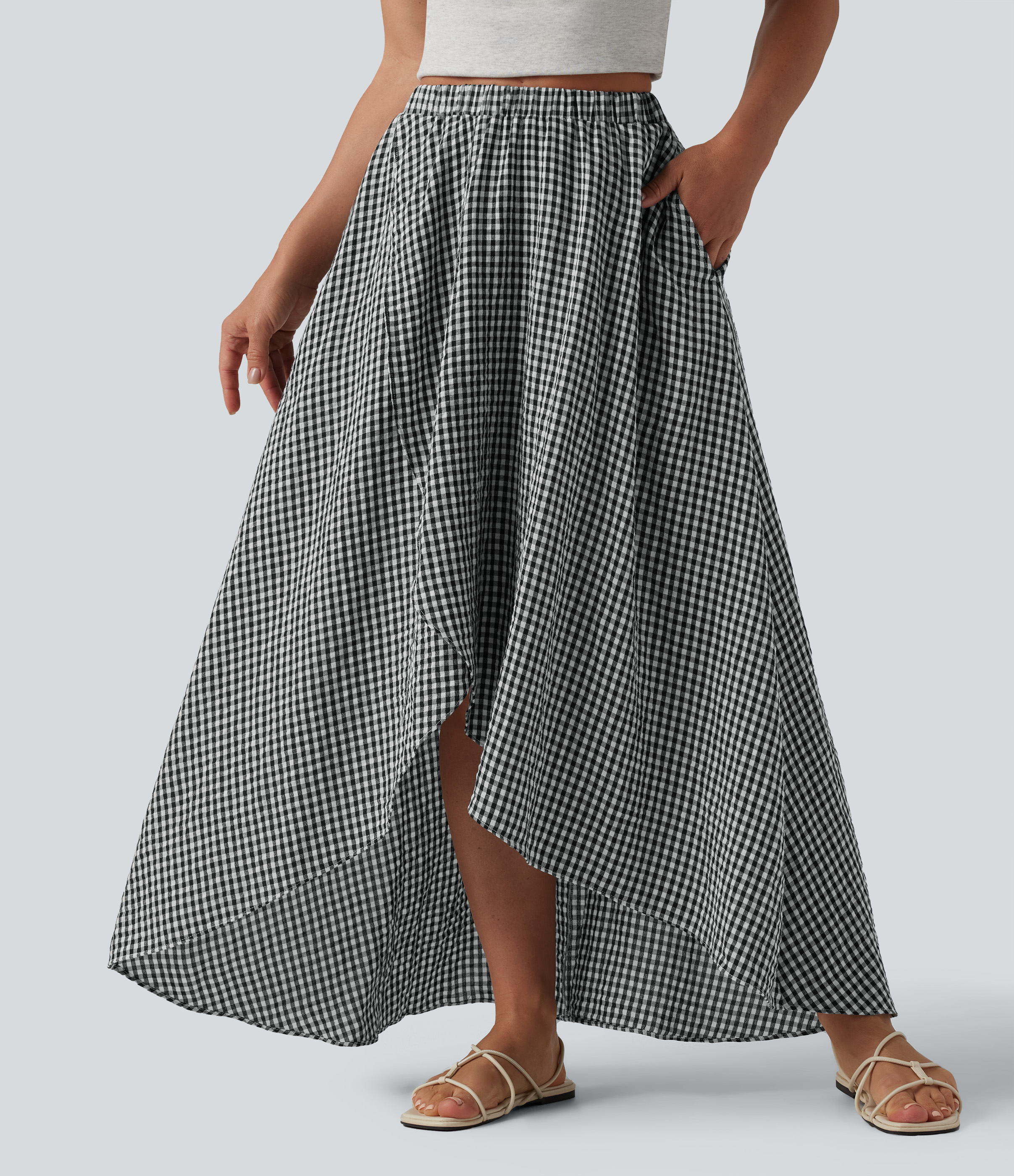 High Waisted High Low Plaid Flowy Midi Casual Linen-Feel Skirt with Pockets