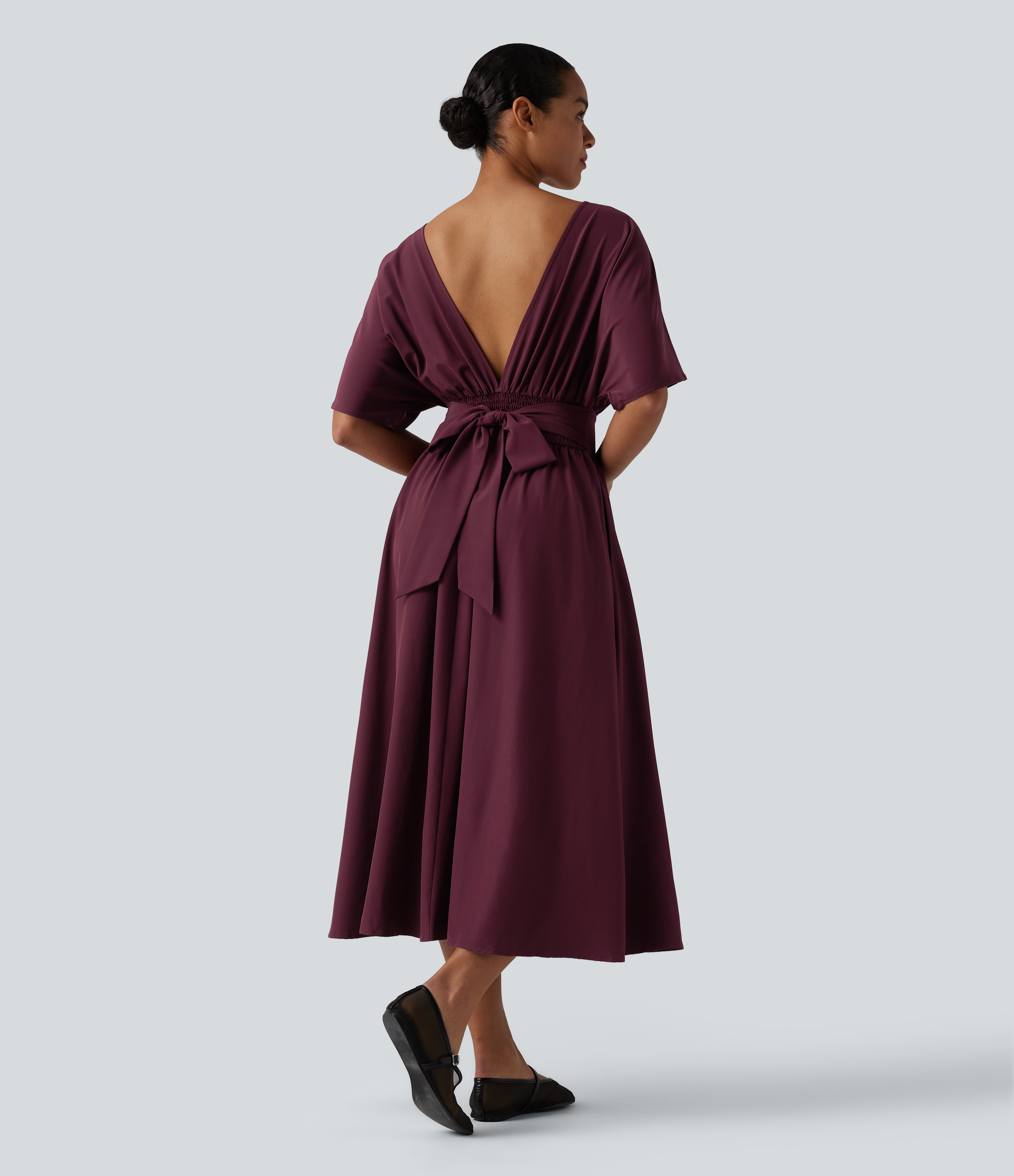 Round Neck Short Sleeve Tie Back Midi Casual Dress with Pockets