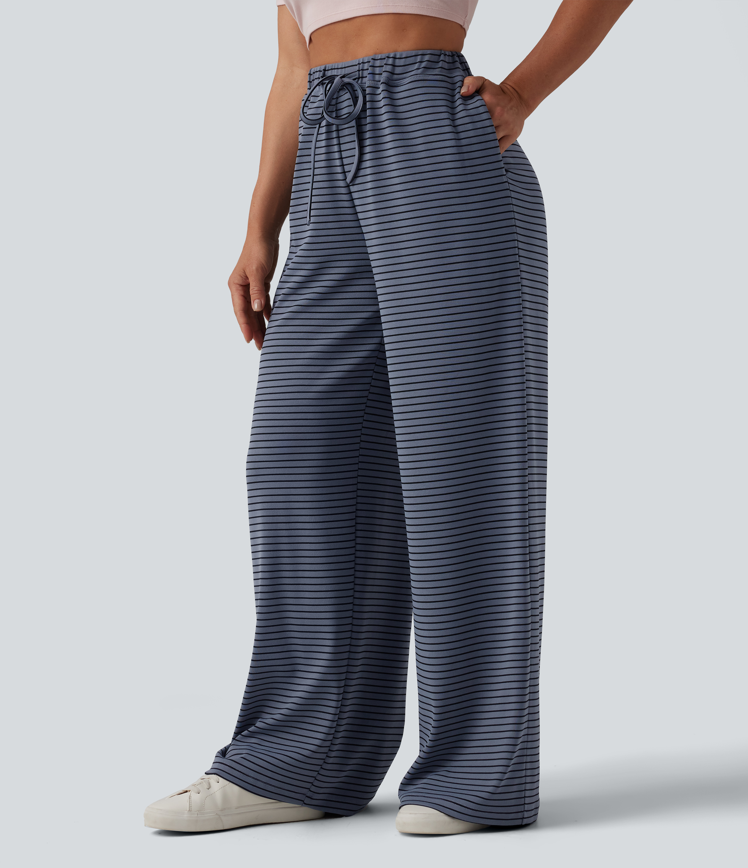 Pantalon large décontracté à rayures et taille haute avec cordon de serrage et poches