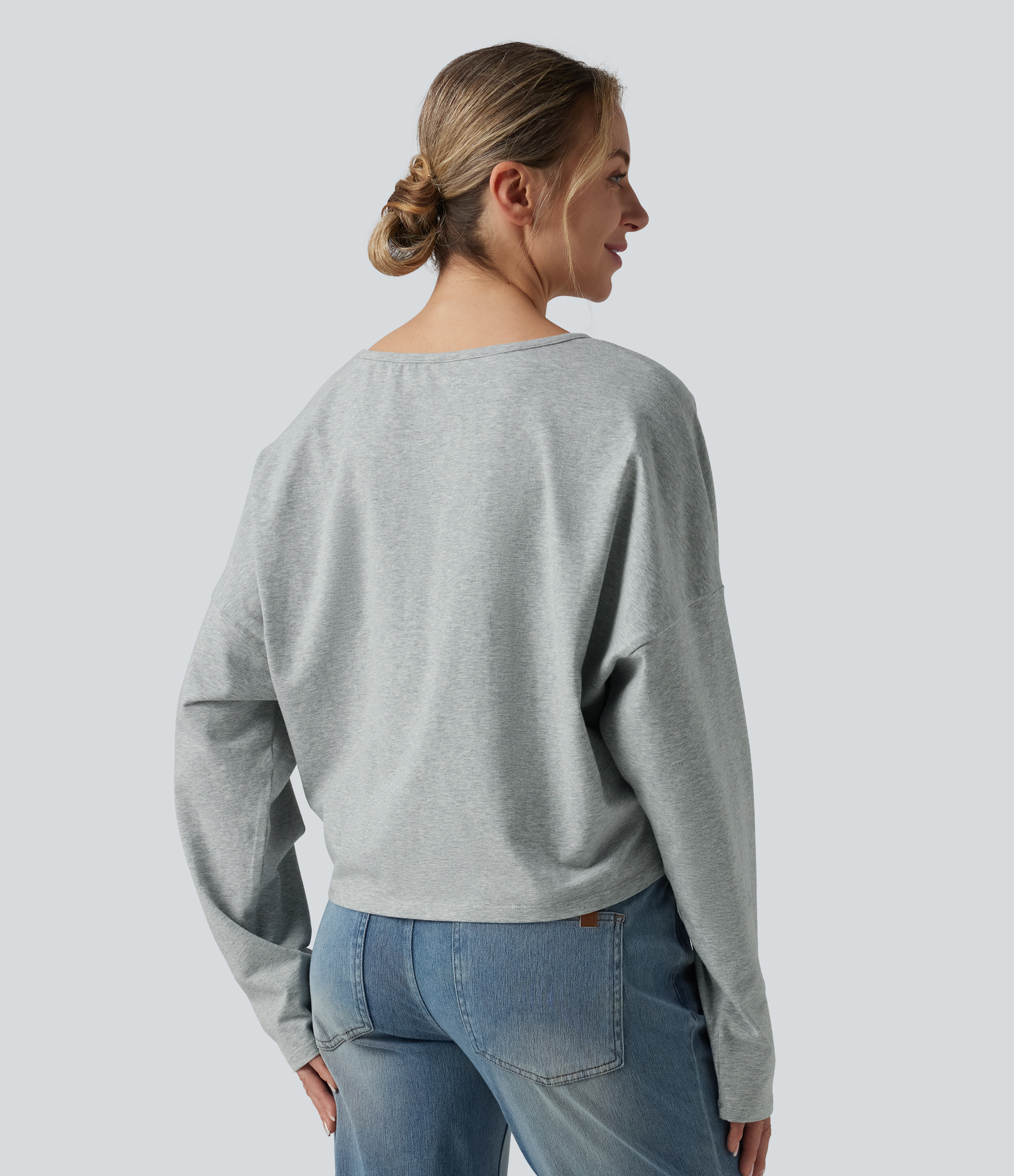 Urban Mist Halara Cotton Jersey V-neck Dropped Shoulder Long Sleeve Casual T-Shirt / 2
