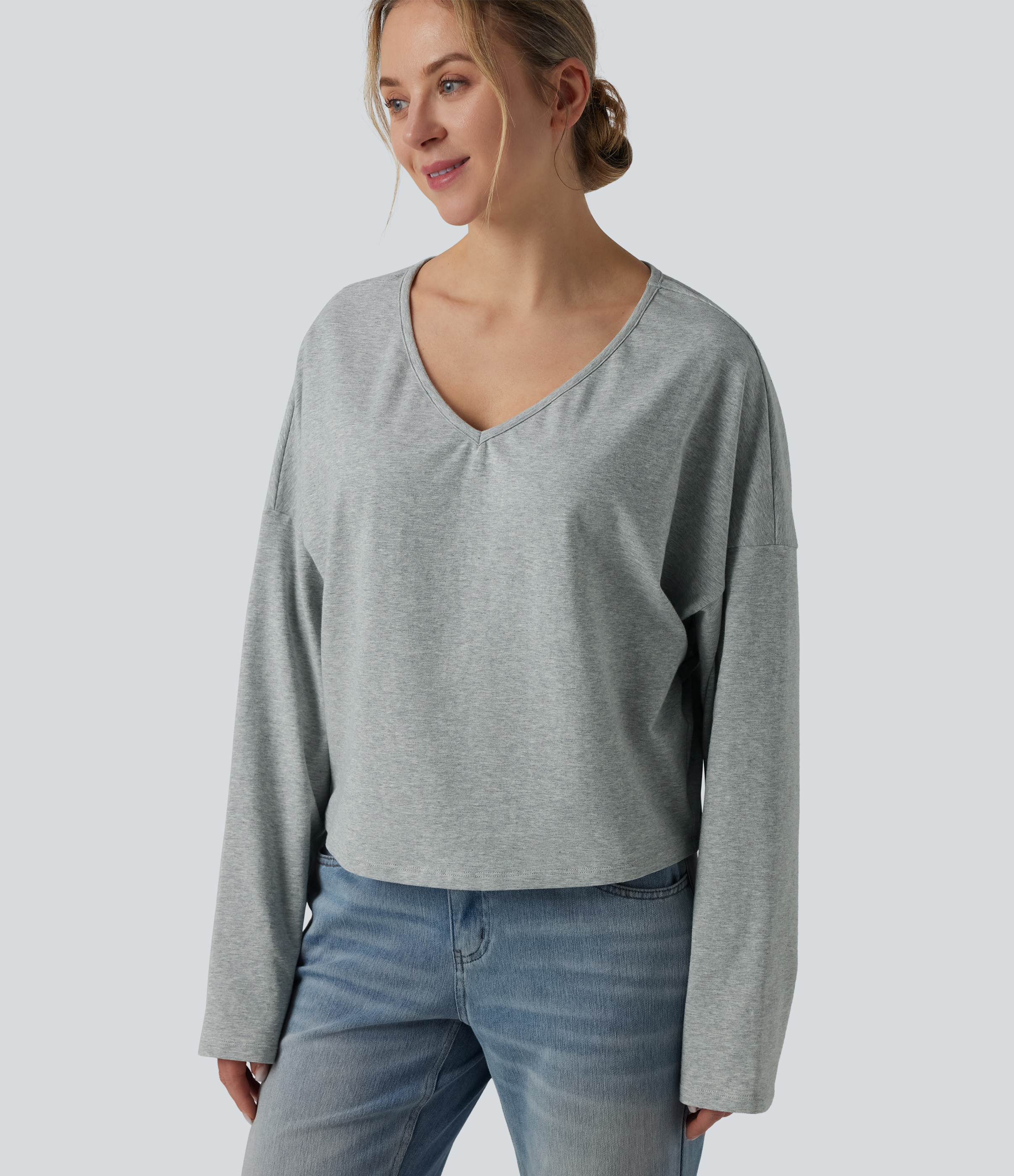 Halara Cotton Jersey V-neck Dropped Shoulder Long Sleeve Casual T-Shirt