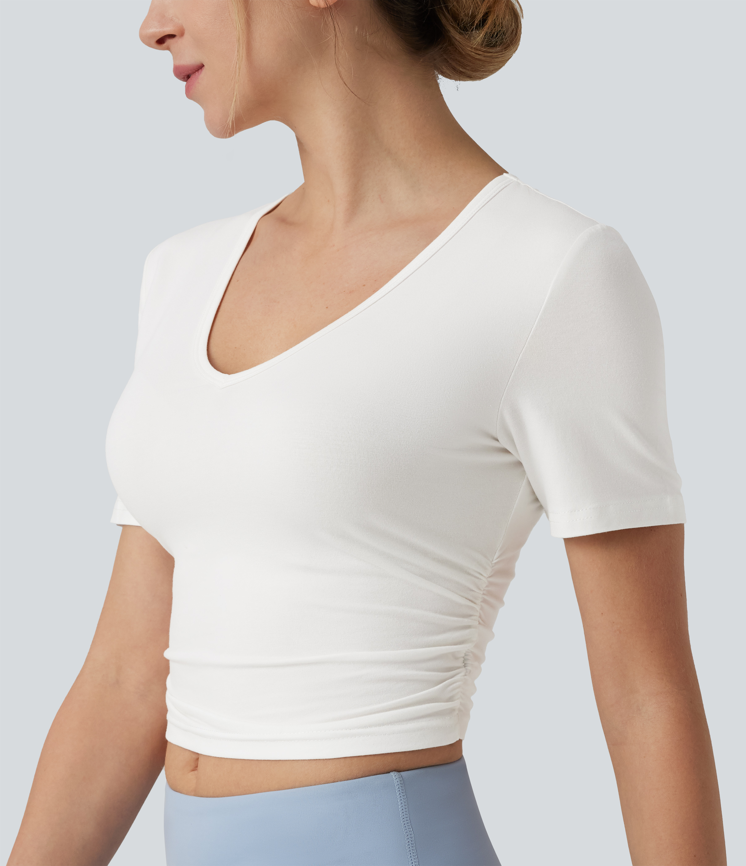 V Neck Short Sleeve Cropped Casual T-Shirt