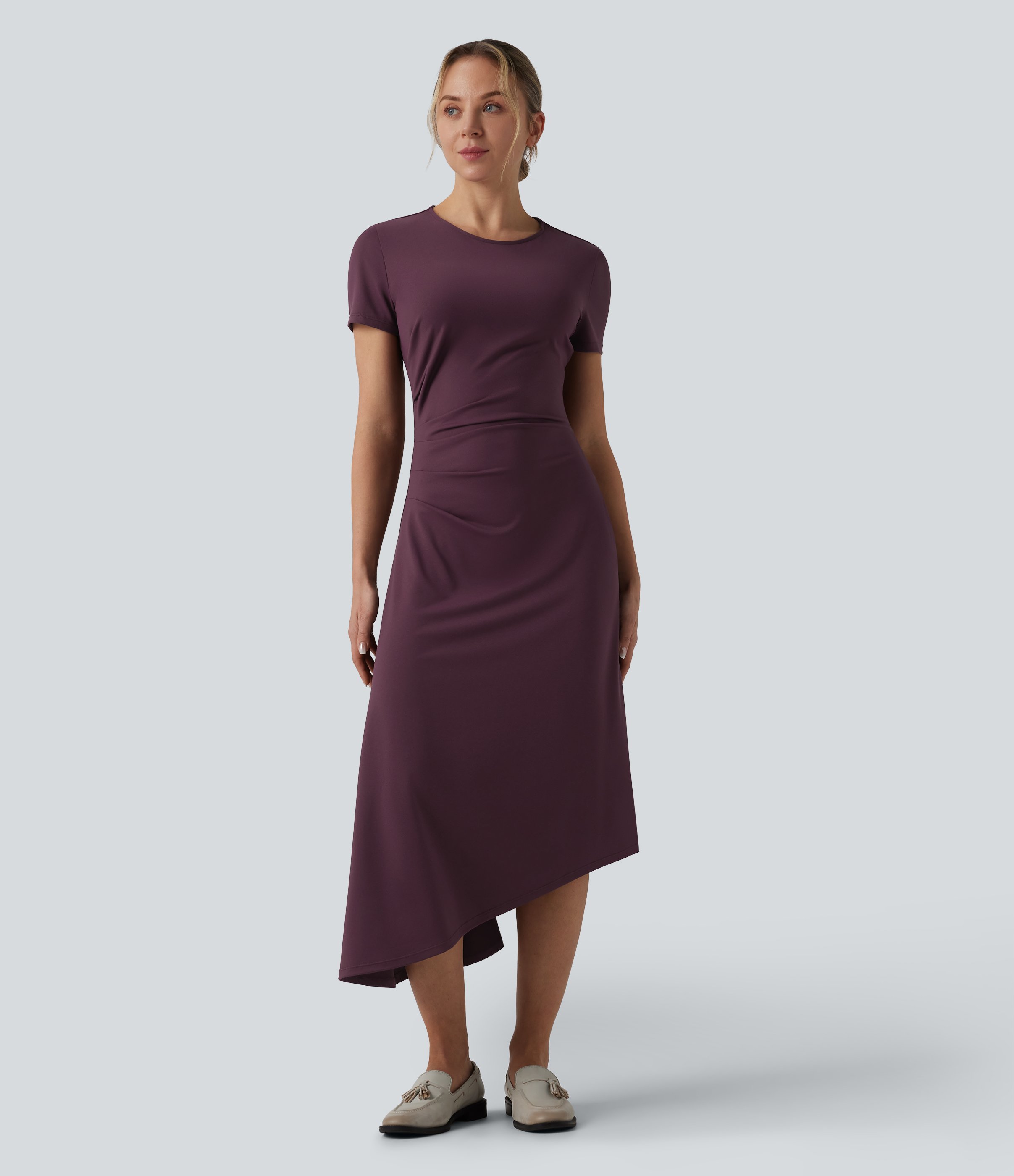 Mid-length work dress with round neck, short sleeves, and asymmetrical hem