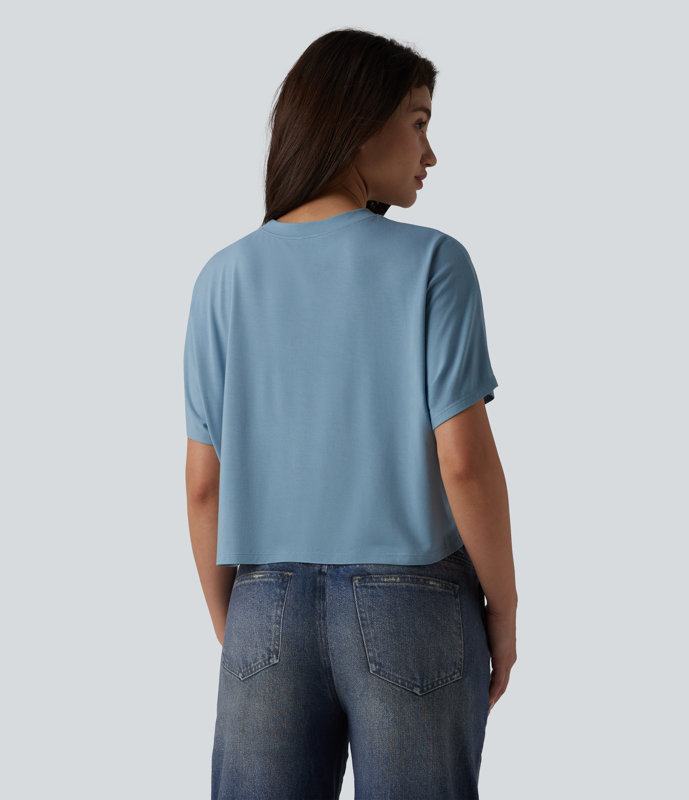 Sterling Blue Round Neck Batwing Short Sleeve Casual T-Shirt / 2