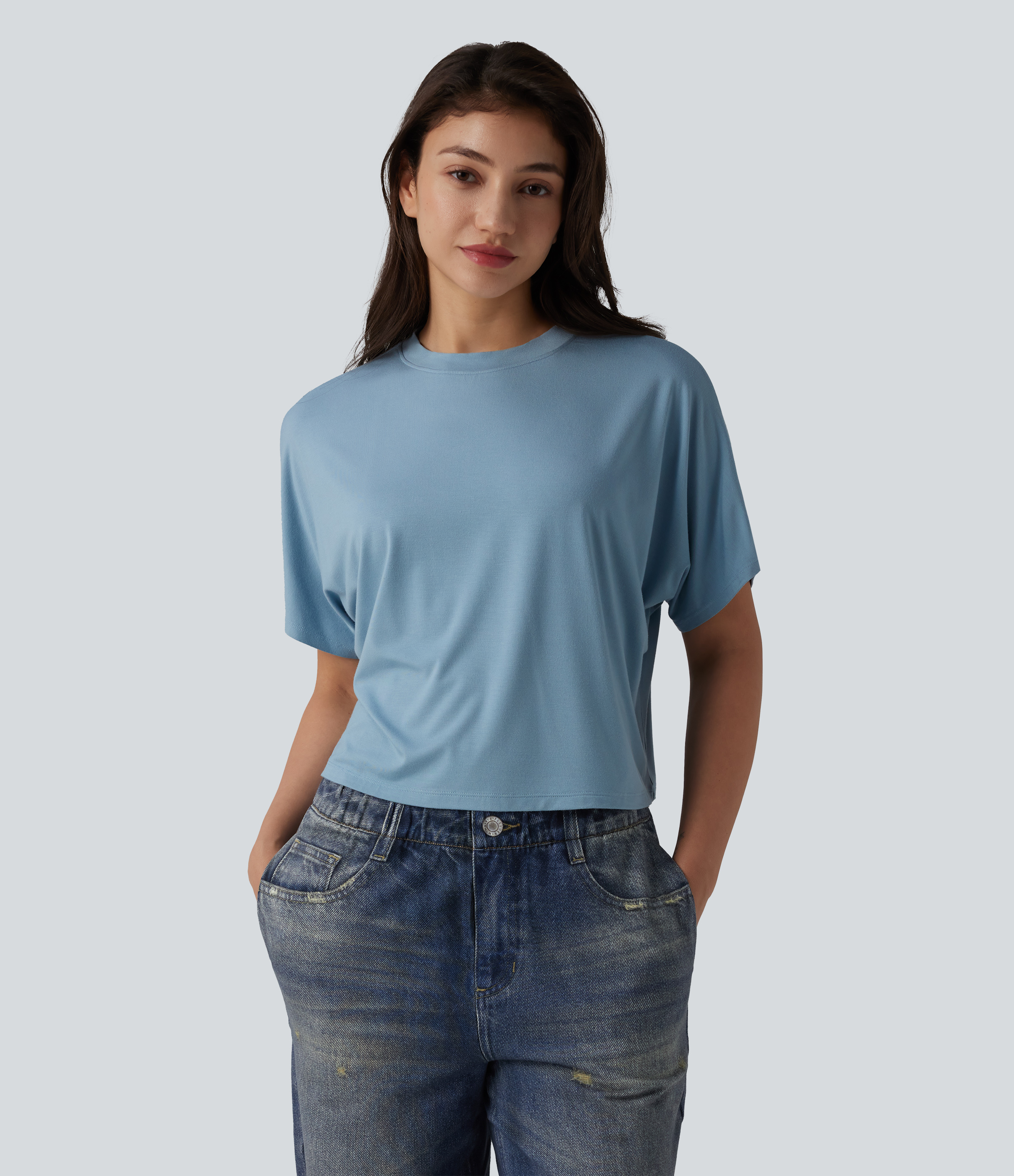 Sterling Blue Round Neck Batwing Short Sleeve Casual T-Shirt / 1