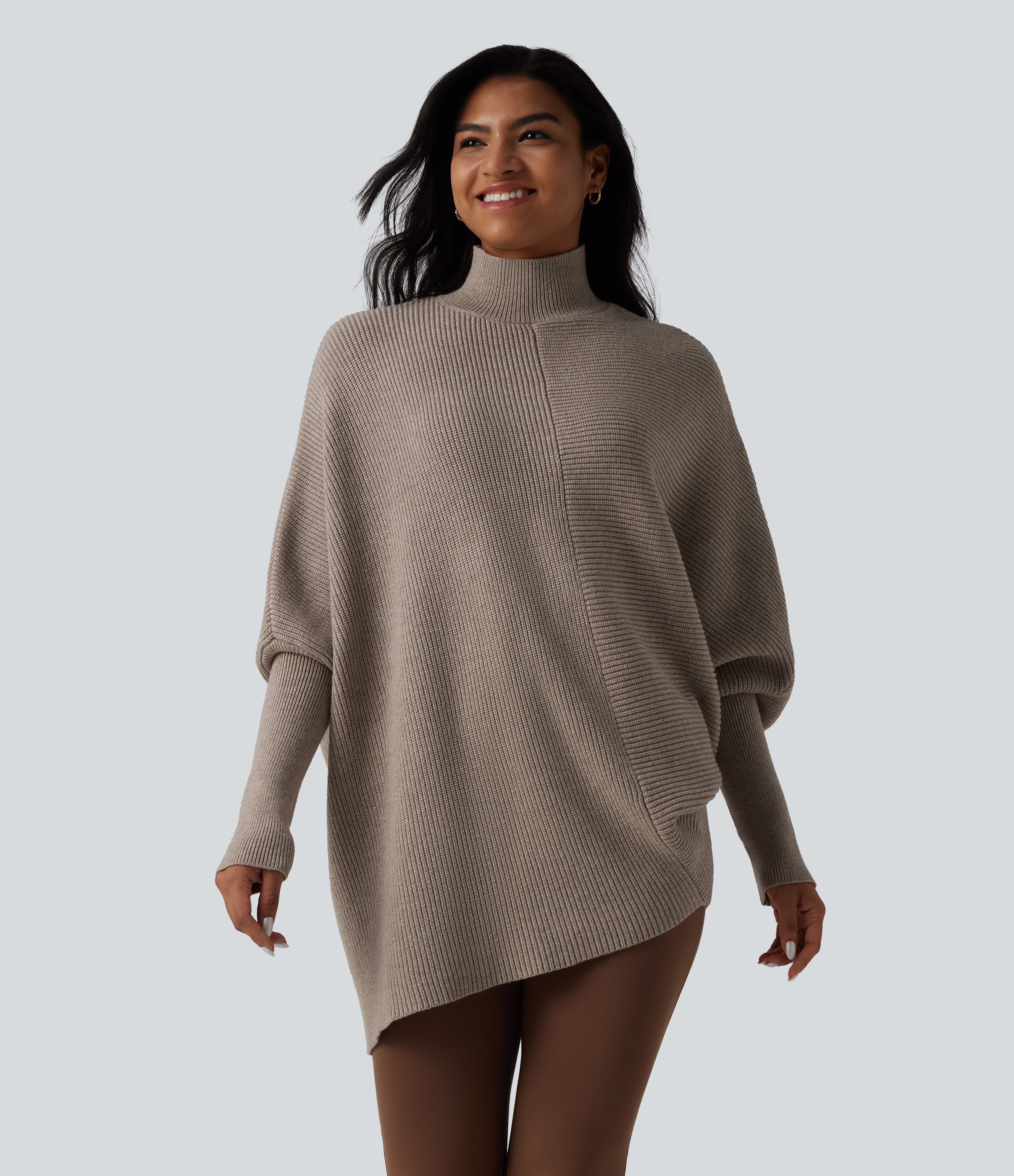 High Neck Batwing Long Sleeve Asymmetric Hem Work Sweater
