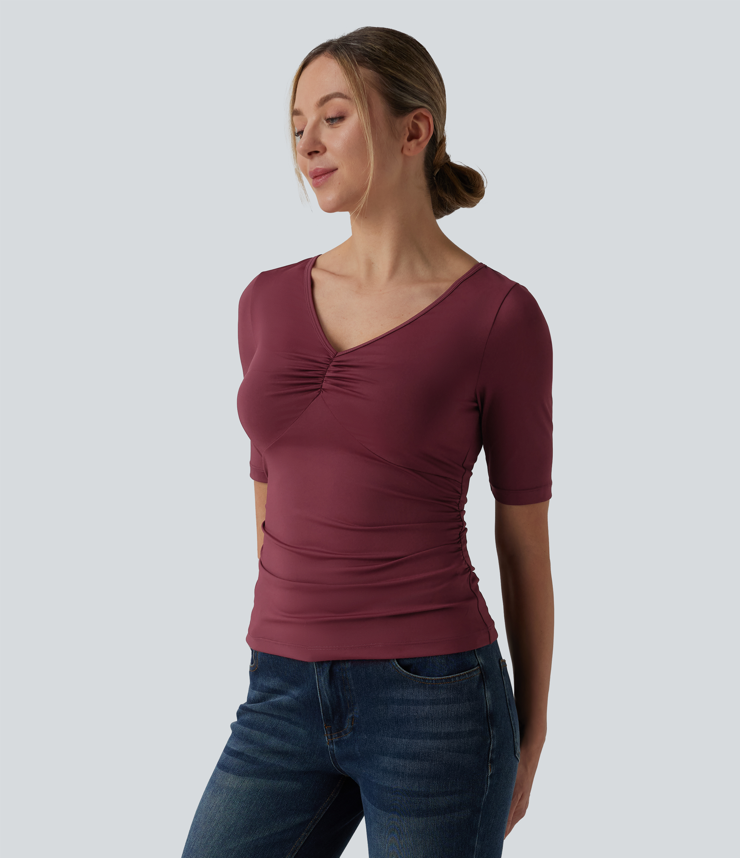 Chocolate Truffle T-shirt casual con scollo a V, maniche corte e arricciature / 2