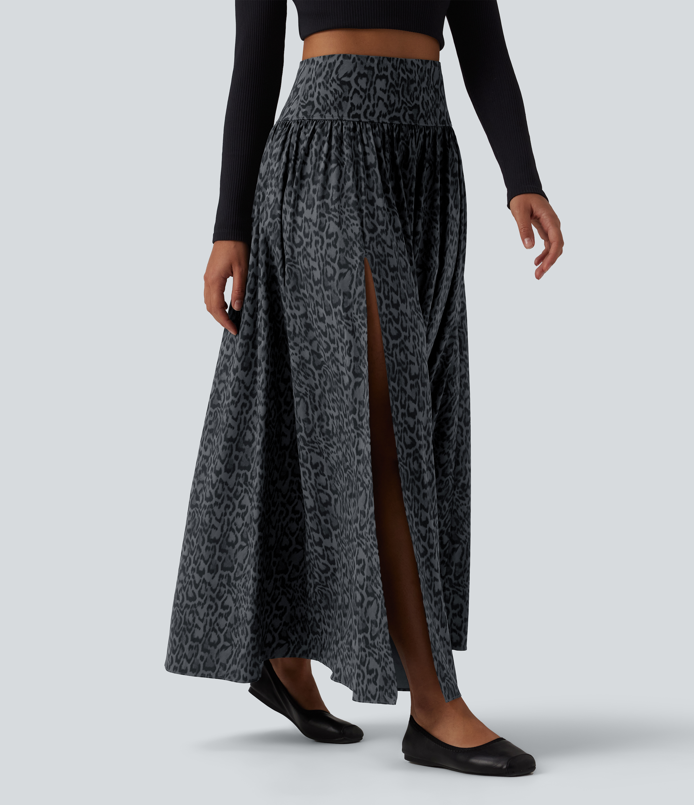 High Waisted 2-in-1 Leopard Print Maxi Casual Skirt