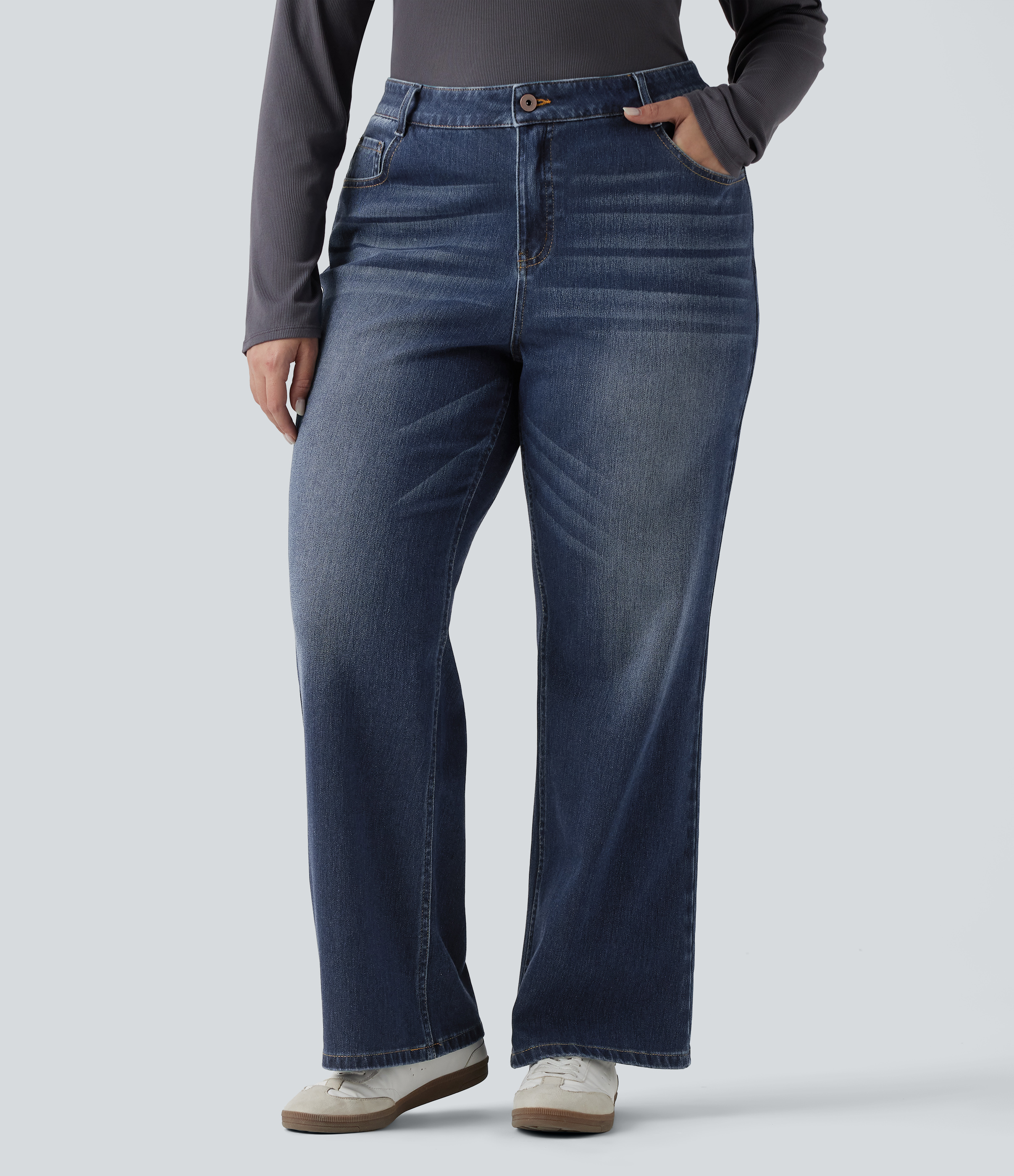 Halara Flex™ - Lässige, verwaschene Bootcut-Jeans mit niedrigem Bund und mehreren Taschen - Plus-Size