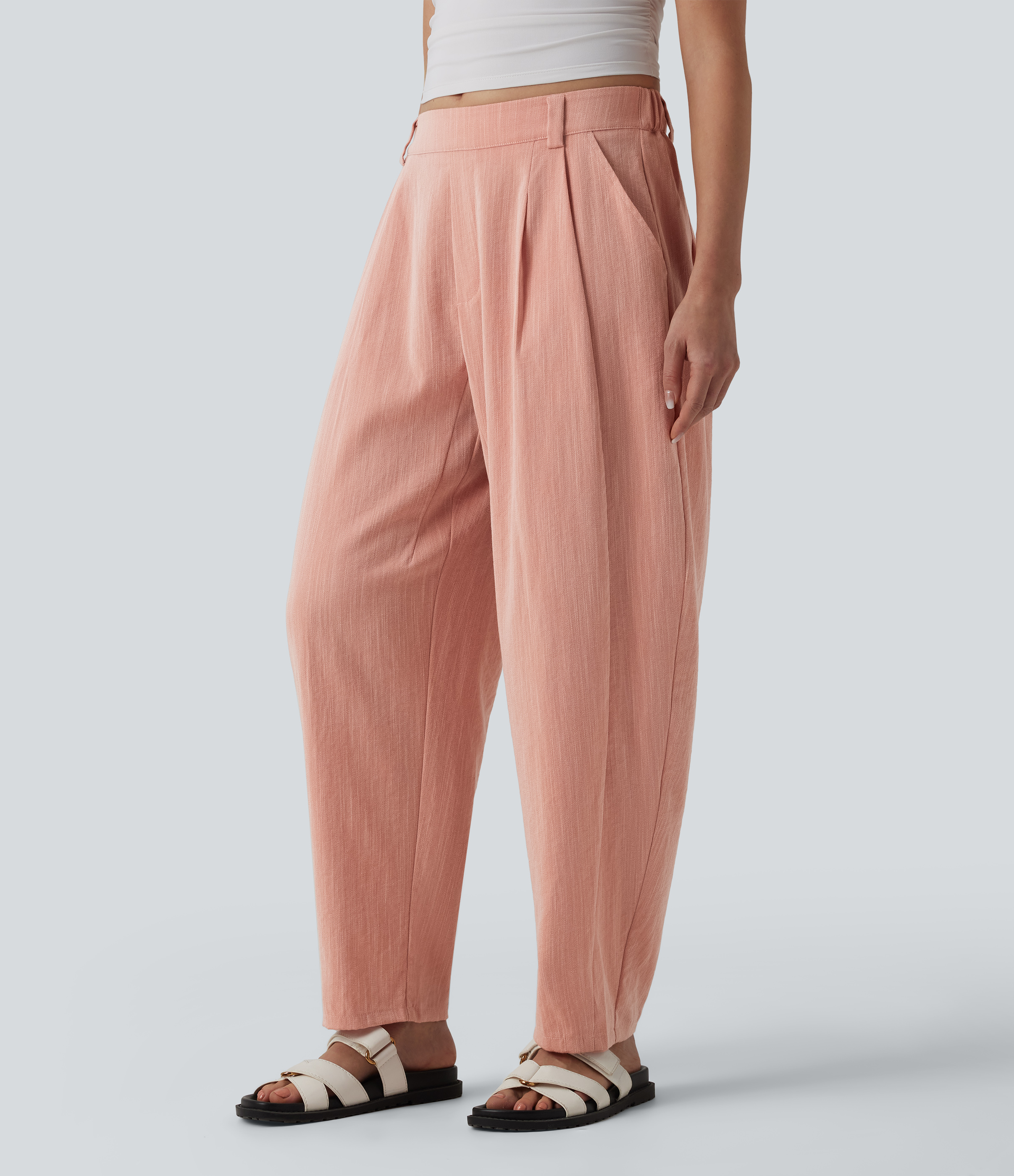 Mid Rise Barrel Leg Casual Linen-Feel Trousers with Pockets