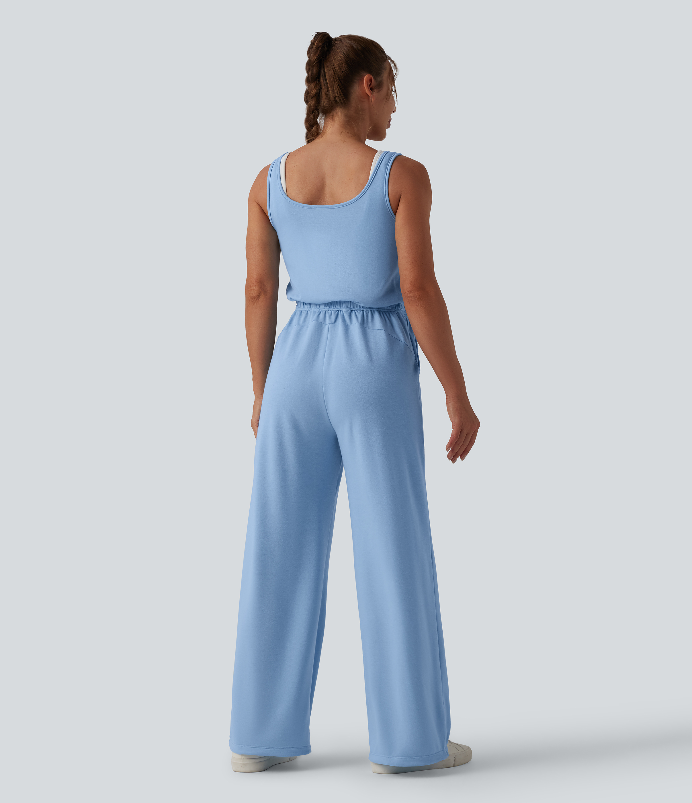 Airy Blue U Neck Scoop Back Drawstring Casual Jumpsuit with Pockets / 2