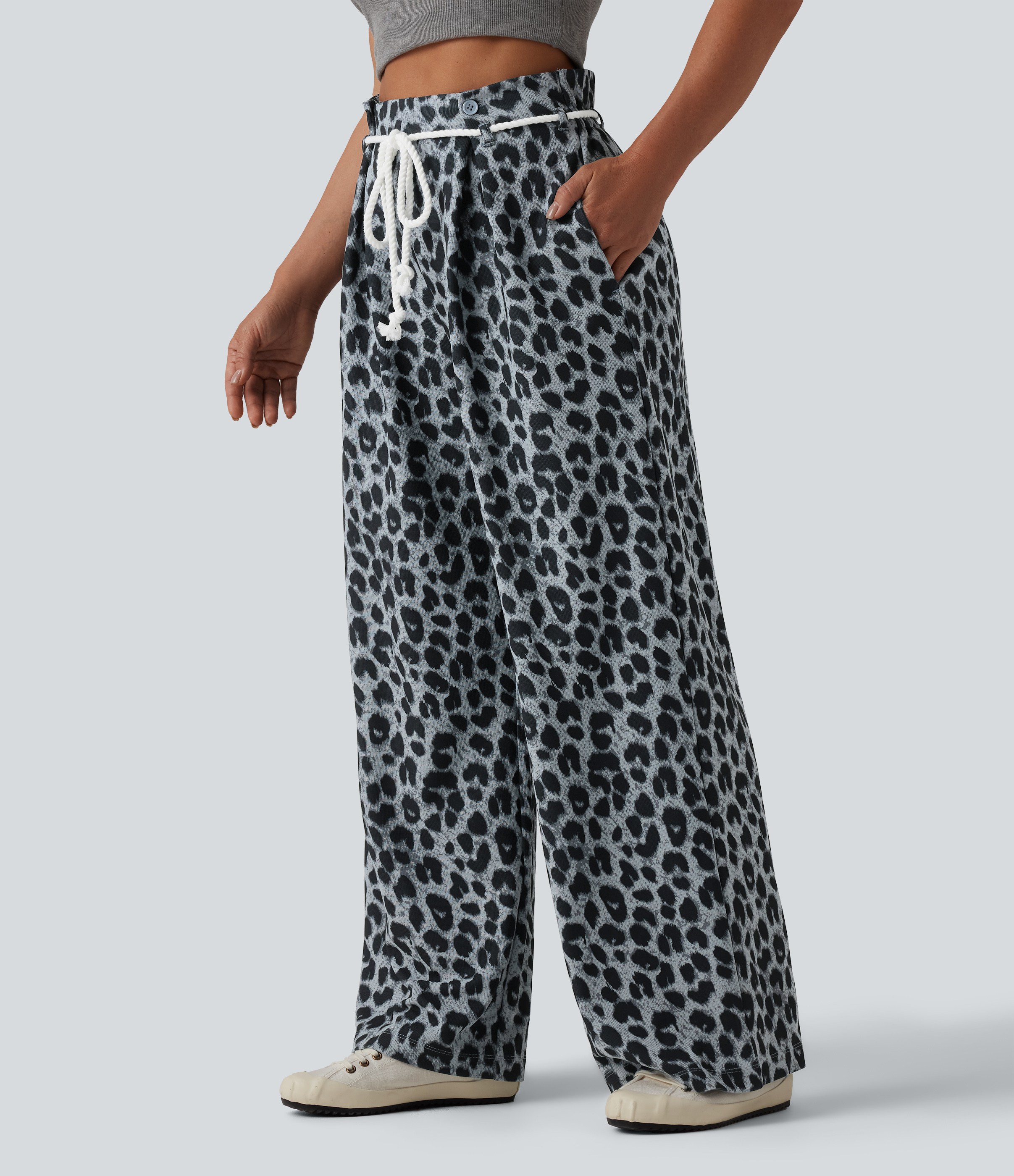 High Waisted Tie Front Wide Leg Leopard Print Waffle Casual Pants with Pockets