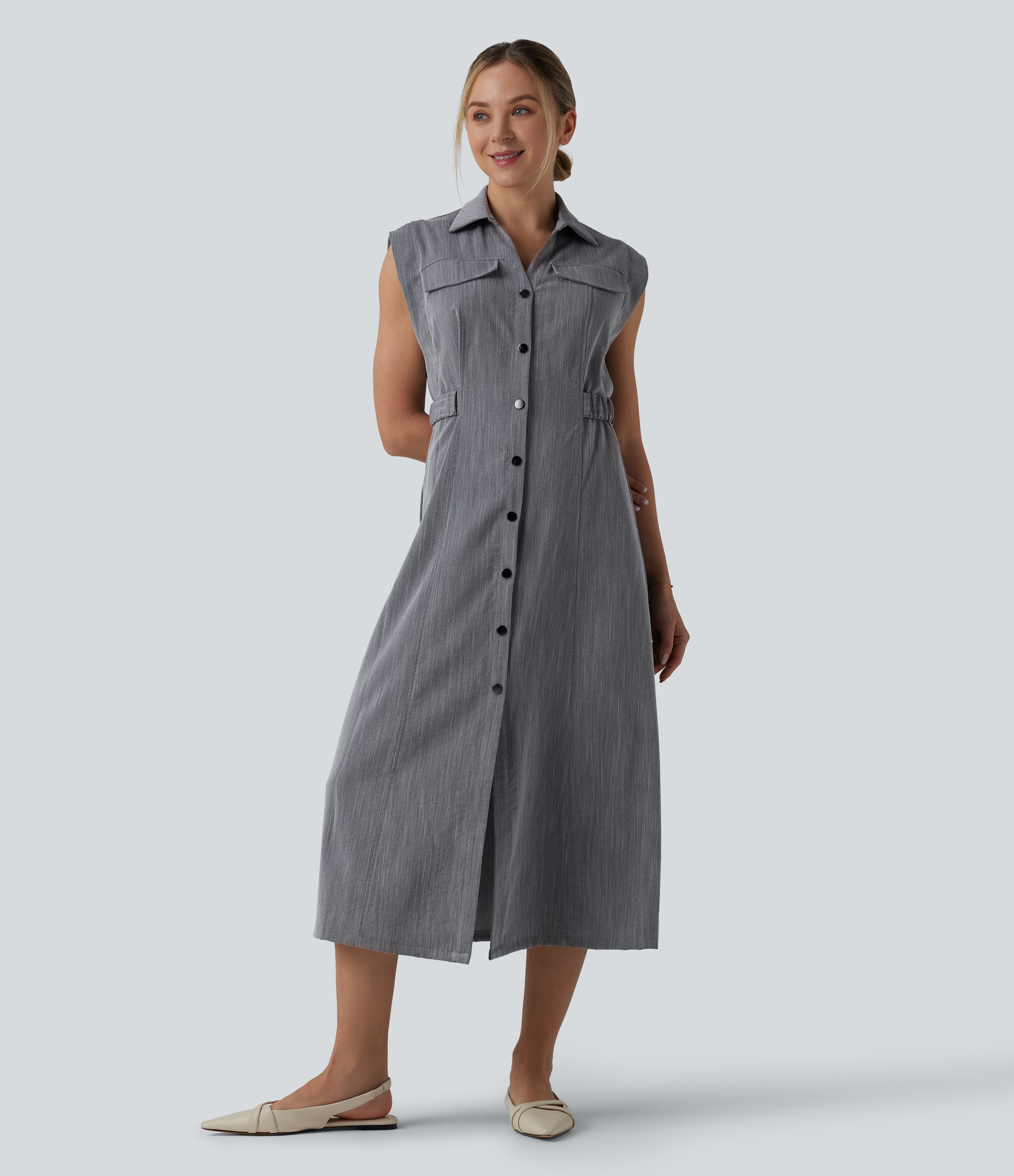 Ärmelloses Arbeits-Hemdkleid in Leinenoptik mit Midilänge
