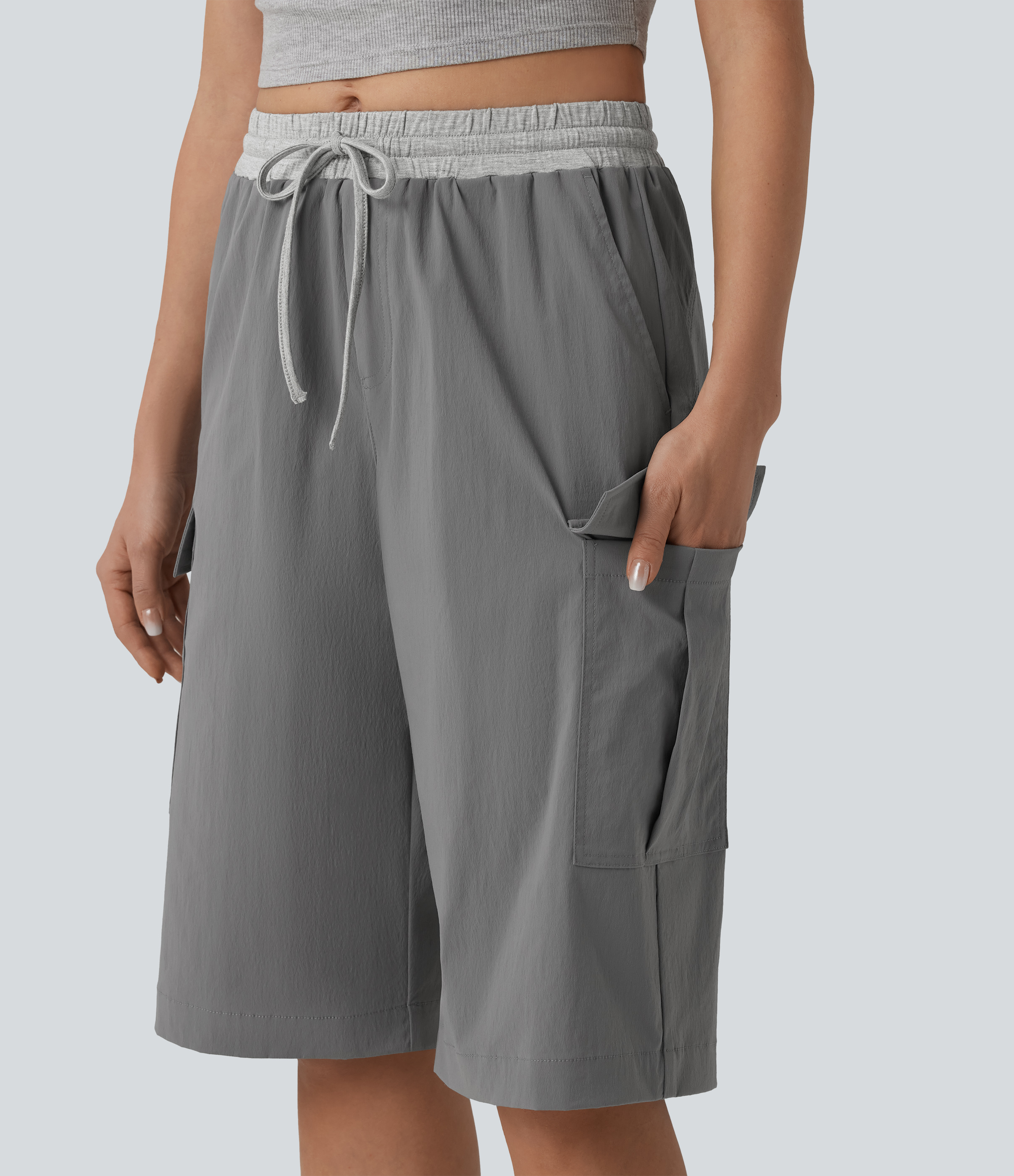 pedal pusher samthose Damen Lässige Pedal-Pusher-Hose mit mittelhohem Bund, mehreren Taschen,  Kordelzug und Farbblock