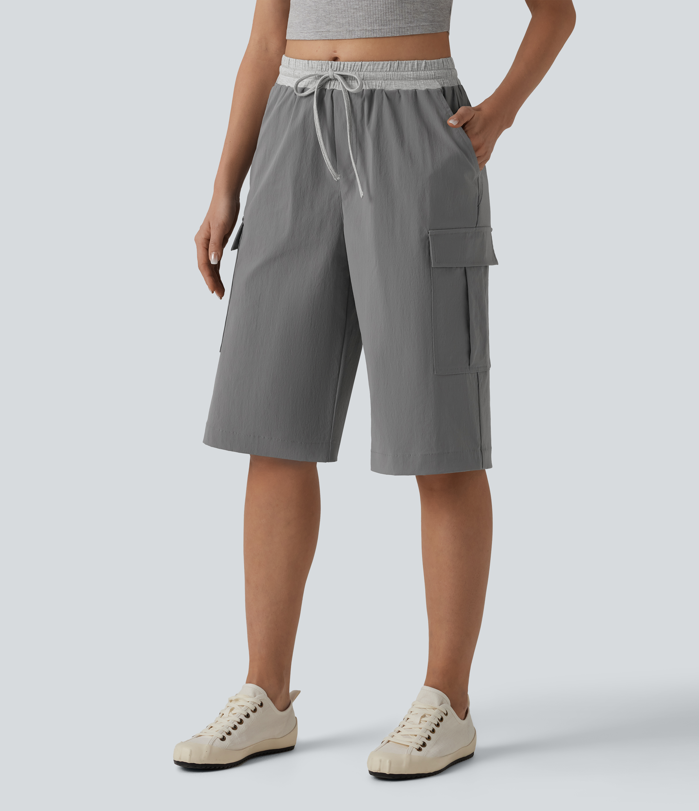 Mid Rise Drawstring Color Block Casual Pedal Pusher Trousers with Pockets
