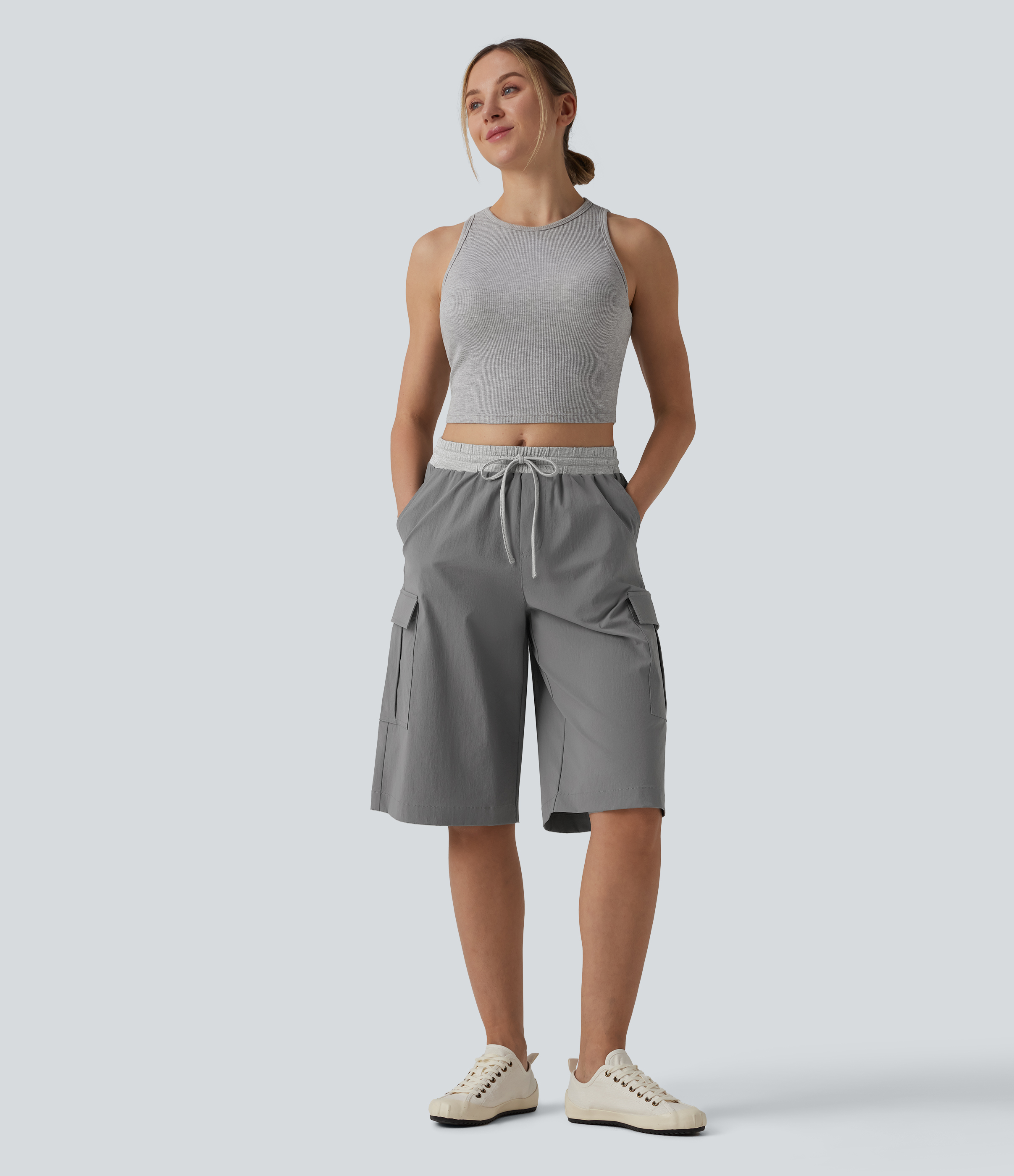 pedal pusher samthose Damen Lässige Pedal-Pusher-Hose mit mittelhohem Bund, mehreren Taschen,  Kordelzug und Farbblock