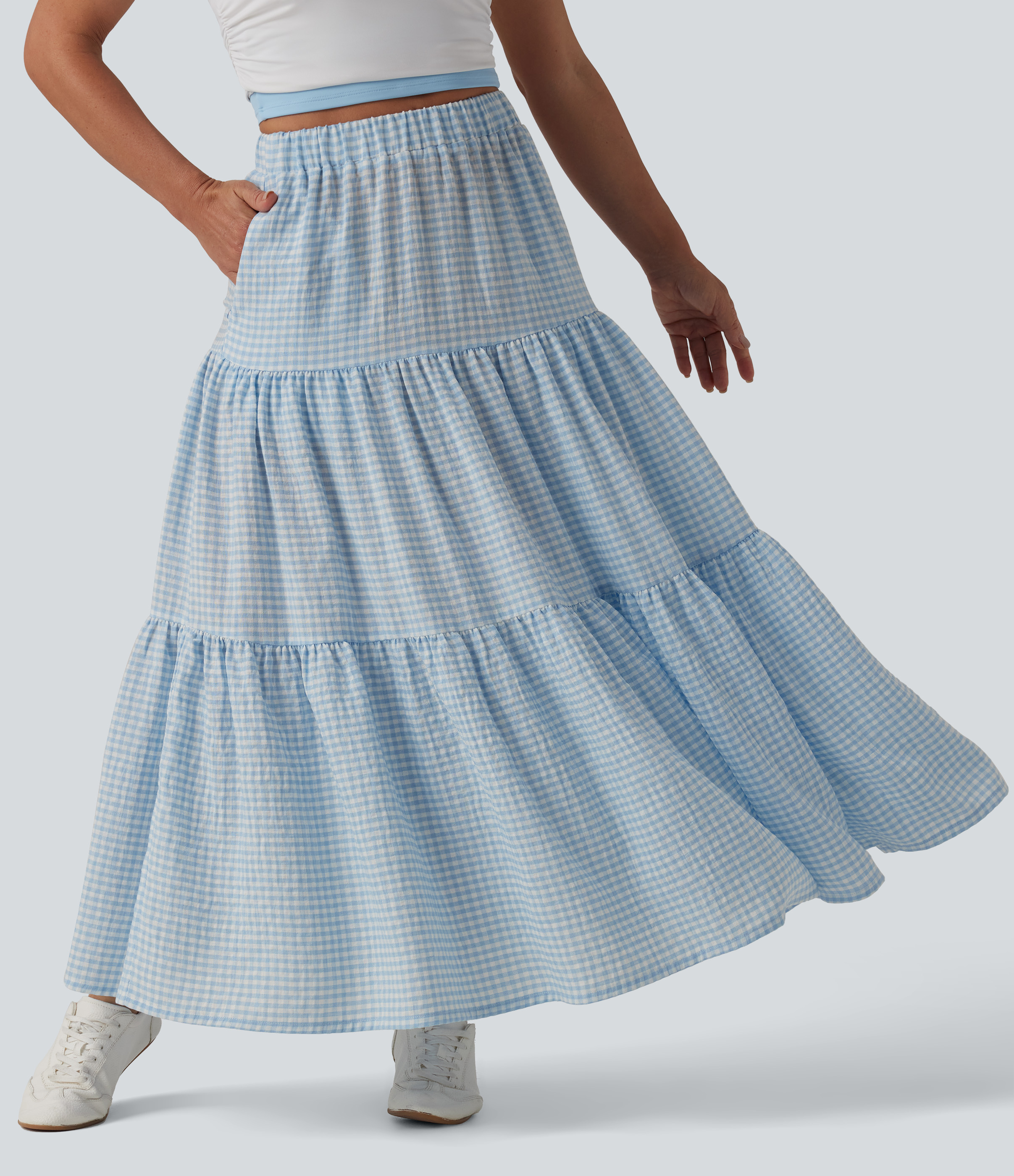 High Waisted Plaid Maxi Casual Linen-Feel Skirt