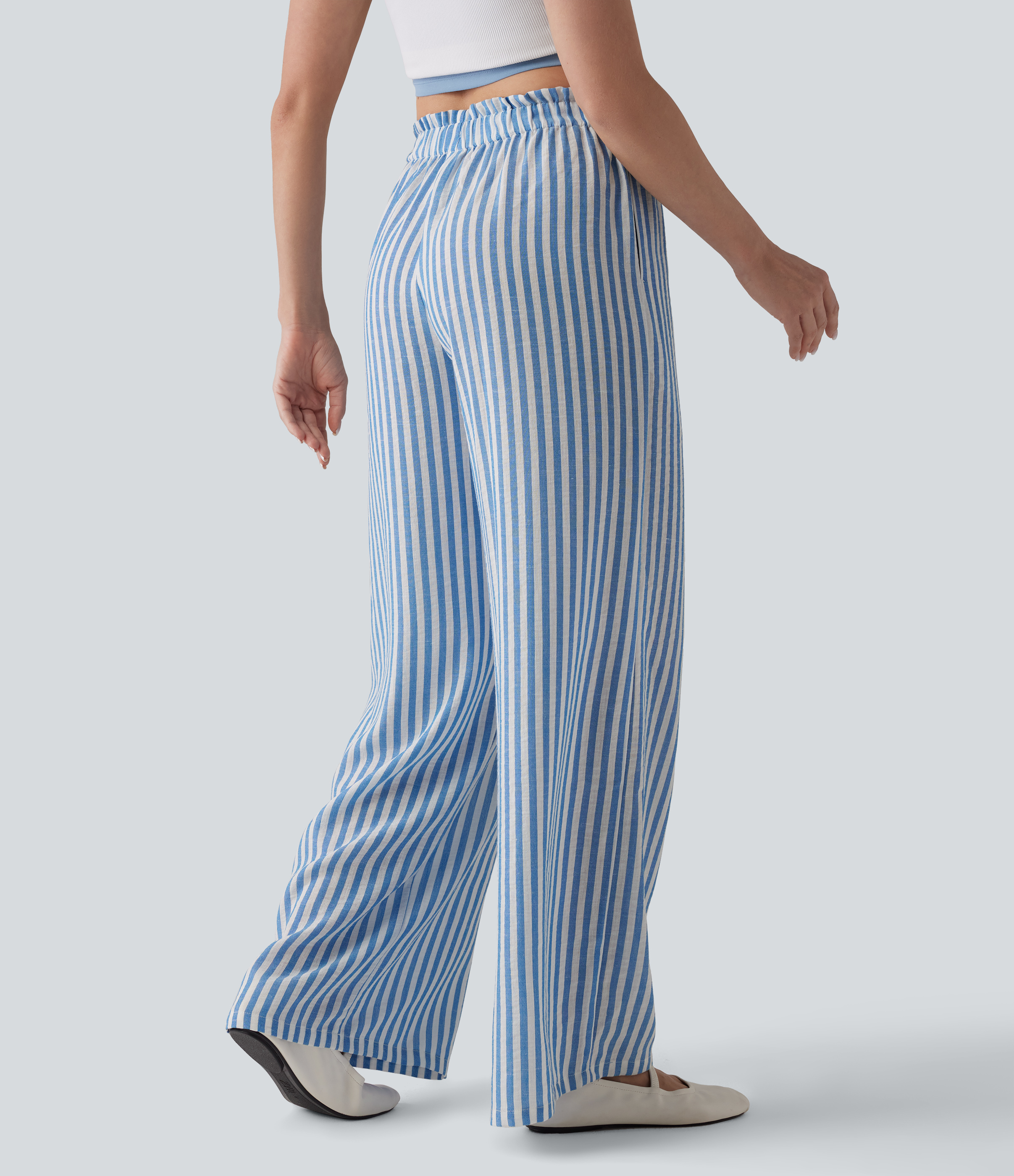 High Waisted Drawstring Wide Leg Stripe Casual Linen-Feel Trousers with Pockets