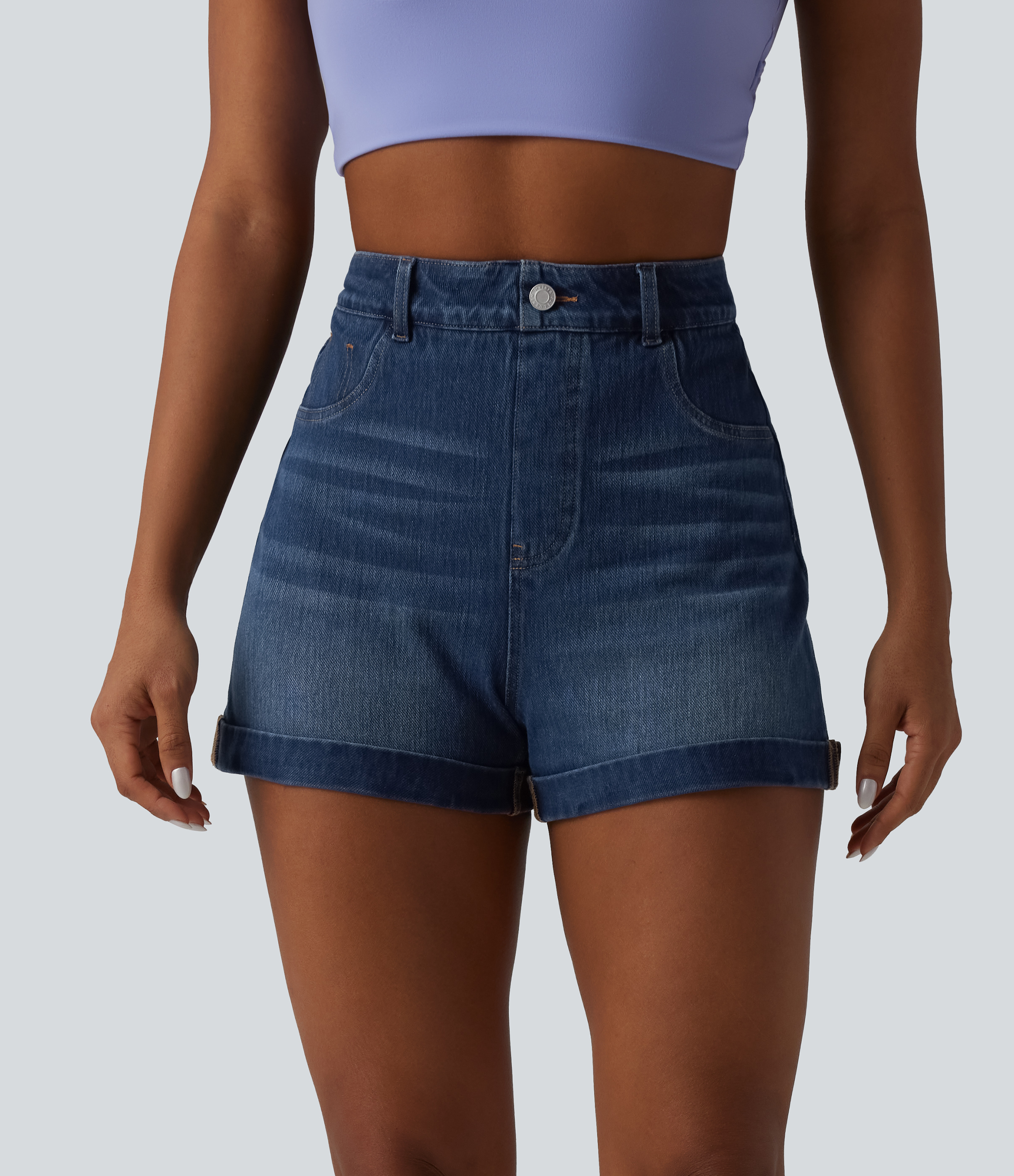 Halara Flex™ High Waisted Tummy Control Rolled Hem Denim Casual Shorts with Pockets