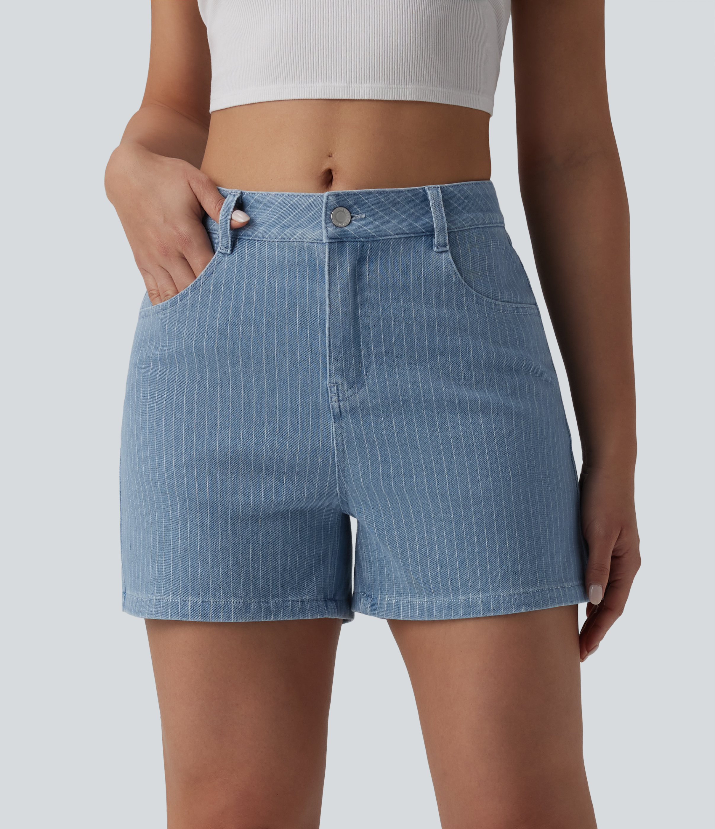 Halara Flex™ Mid Rise Stripe Denim Casual Shorts 4'' with Pockets
