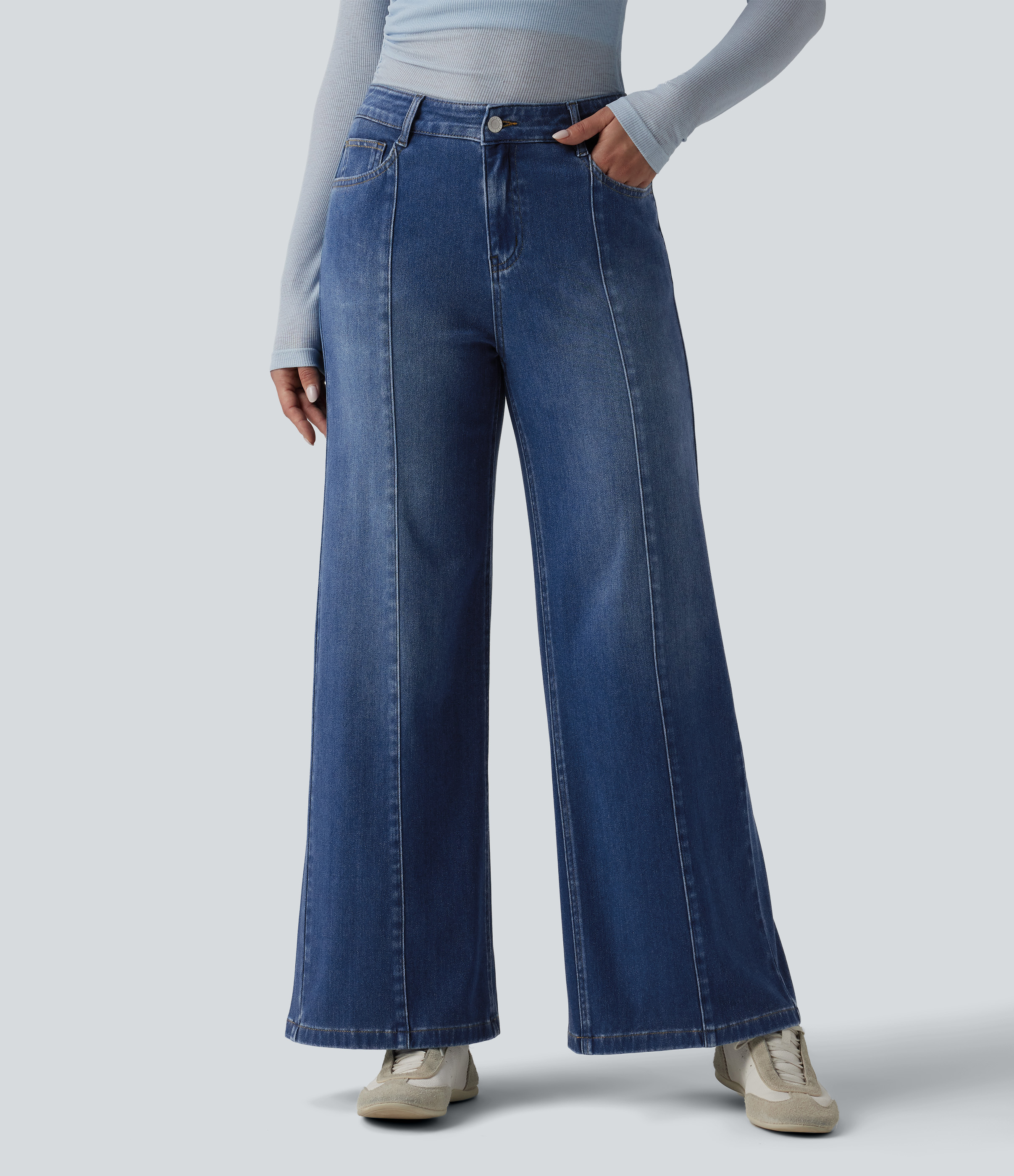 Jean droit décontracté Halara Flex™ délavé drapé taille mi-haute avec poches